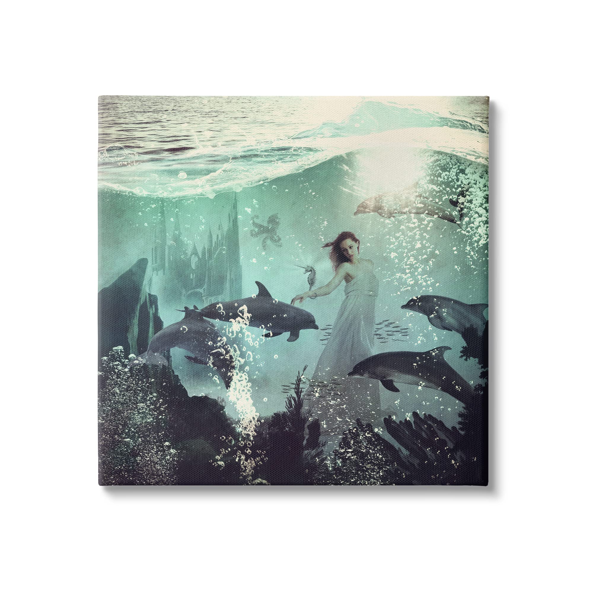 Stupell Industries Surreal Woman Underwater with Dolphins Splashing Bubbles - Wall Art Canvas Print by Paula Belle Flores - Perfect for Living Room, Bedroom, or Office Decor