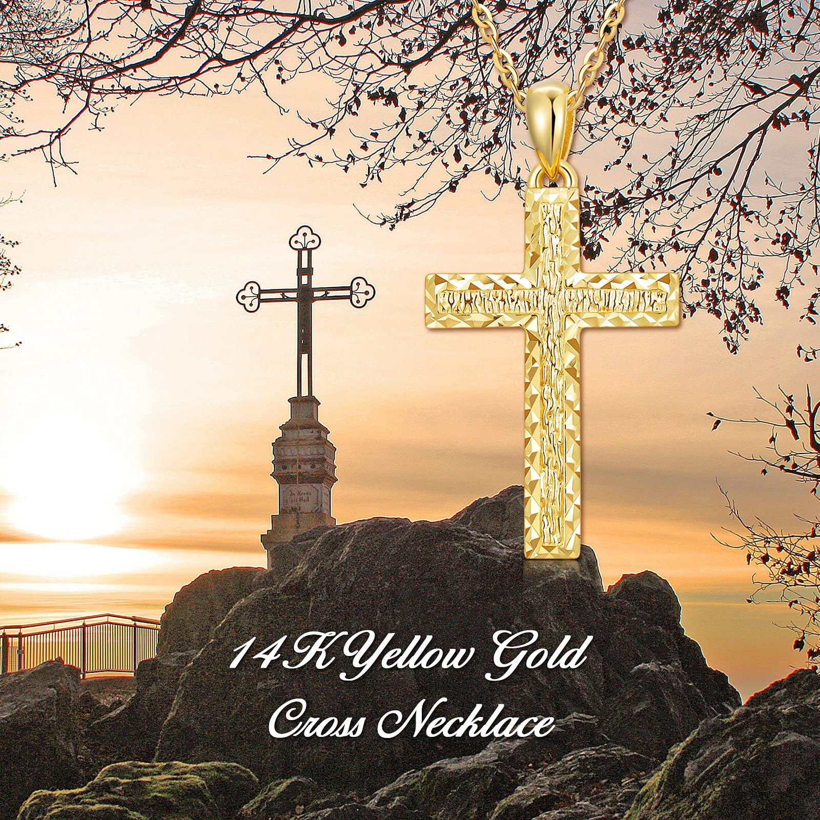 14K Real Gold Cross Necklace for Women - Yellow Gold Italian Diamond-Cut Cross Pendant Necklace | Religious Jewelry for Baptism, First Communion & Confirmation | Elegant Christmas & Birthday Gift for Wife, Mom, Daughter | 16-18 Inch Chain | Perfect for Church, Weddings & Special Occasions