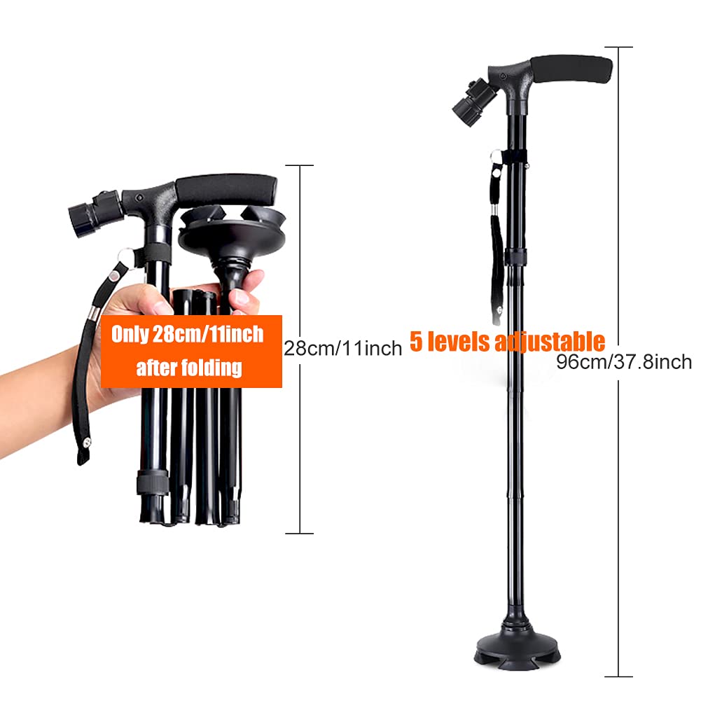 LED Light Folding Walking Cane with Anti-Slip Base - Adjustable 4-Prong Mobility Cane for Seniors, Men & Women (Silver/Pink) - Ideal for Night Walking, Hiking & Outdoor Activities