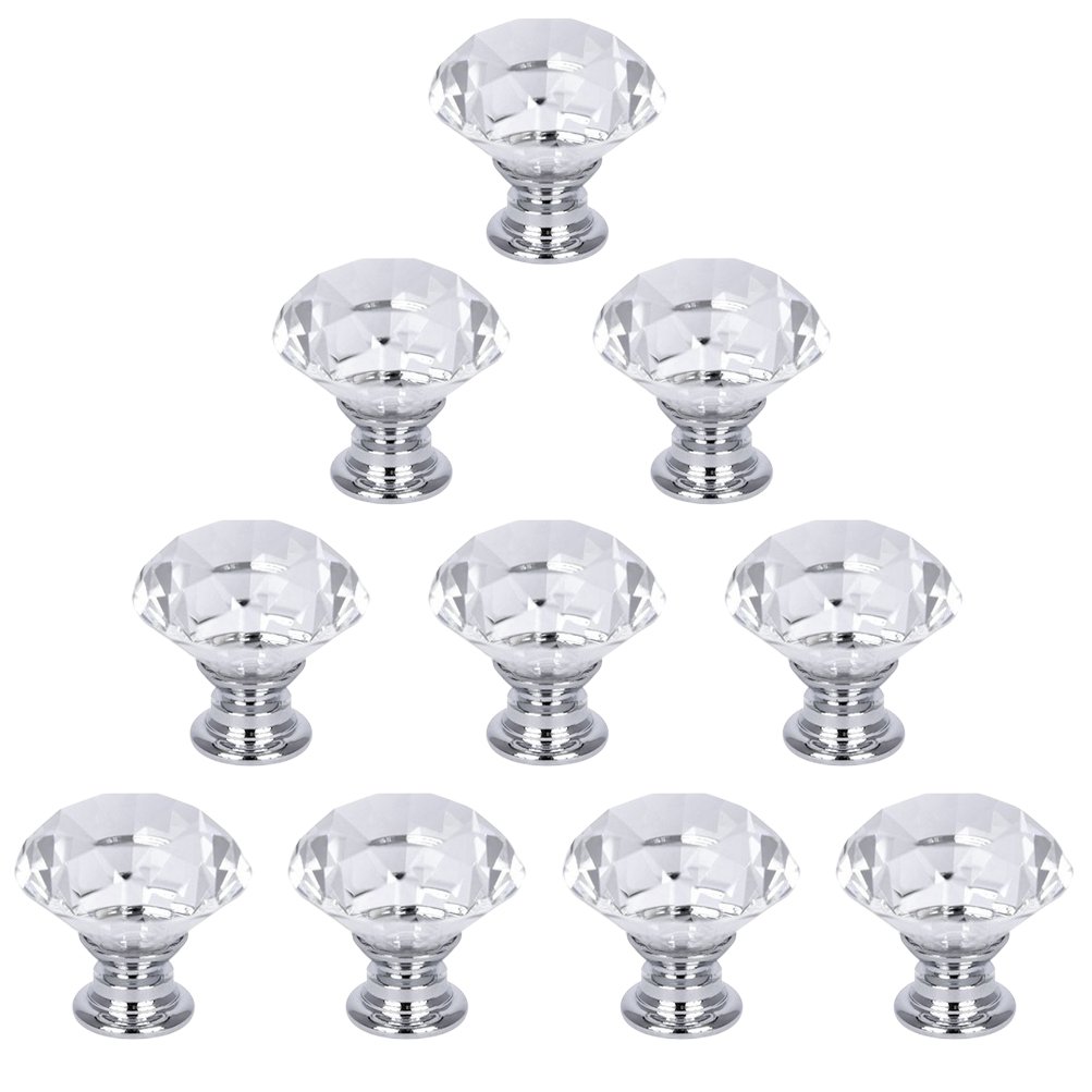 10 Pcs Crystal Glass Cabinet Knobs - Diamond Shape for Kitchen & Wardrobe