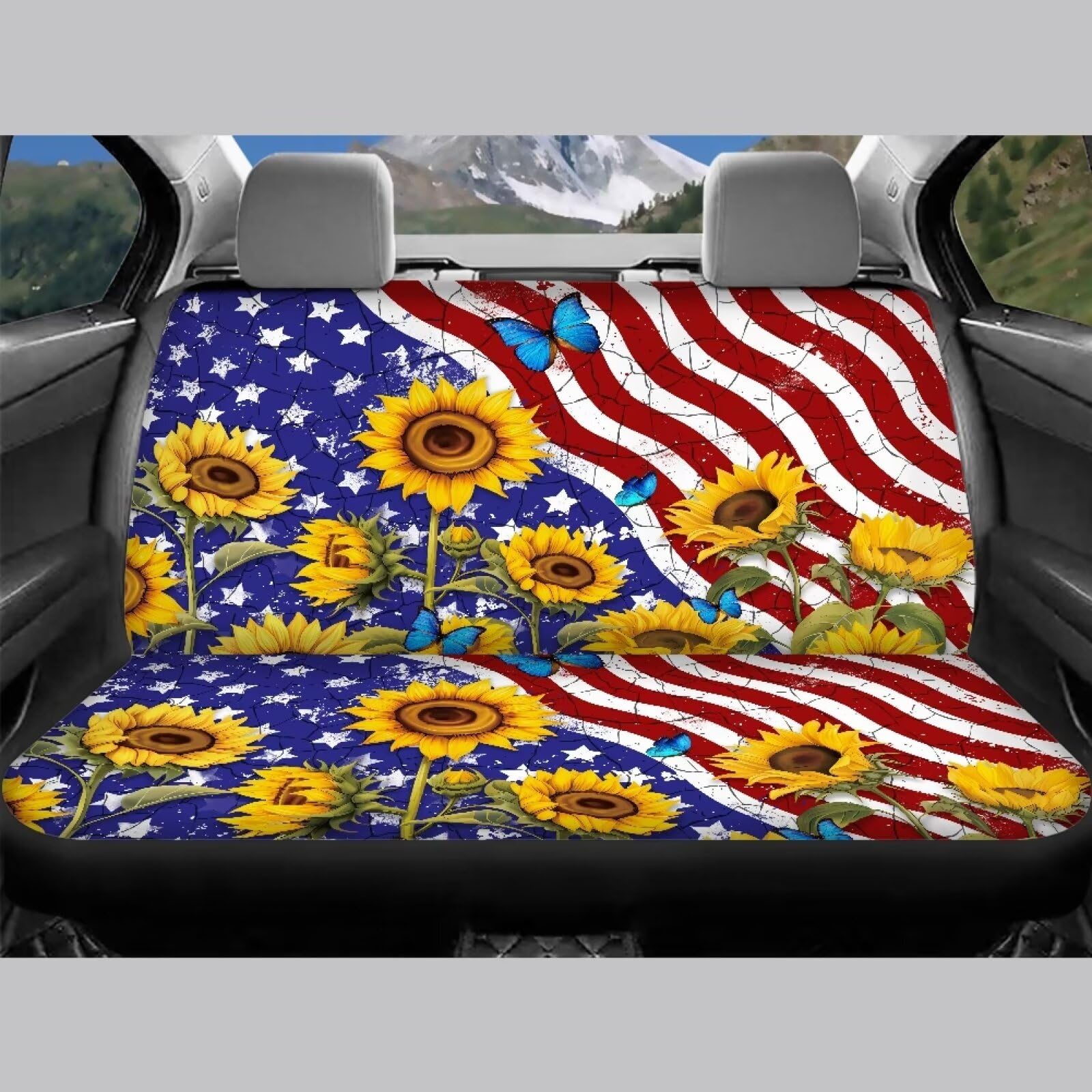 Wideasale 4-Piece USA Flag & Sunflower Butterfly Car Seat Covers Set - Breathable Elastic Front & Rear Bench Protectors for Cars, Trucks, SUVs | Perfect for Road Trips, Daily Commutes & Vehicle Interior Protection