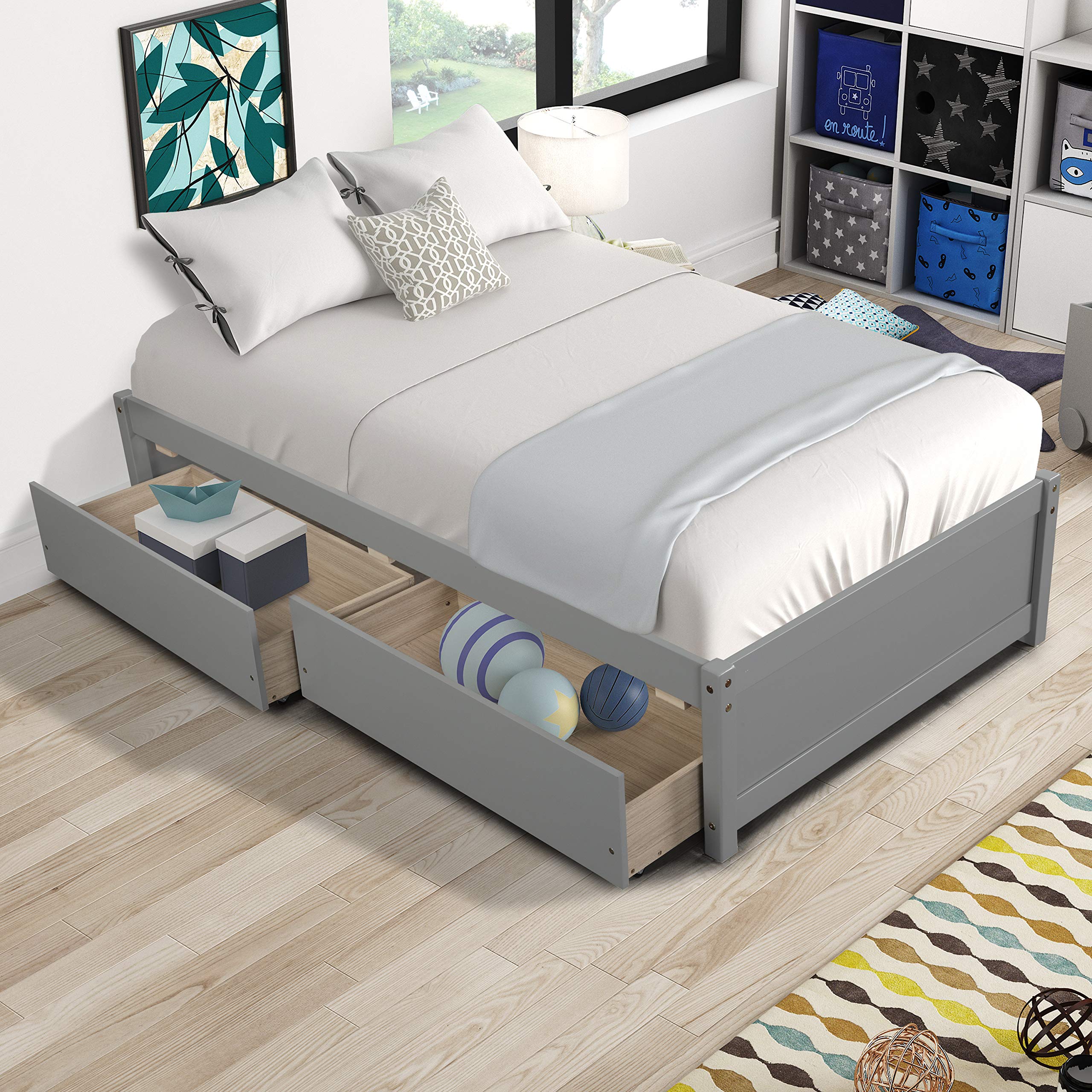 AOOSWEER Twin Size Wooden Platform Bed Frame with 2 Storage Drawers - Sturdy 10-Slat Support for Kids & Teens - No Box Spring Required - Easy Assembly (Dark Grey) - Perfect for Small Bedrooms, Dorm Rooms & Space-Saving Kids' Rooms