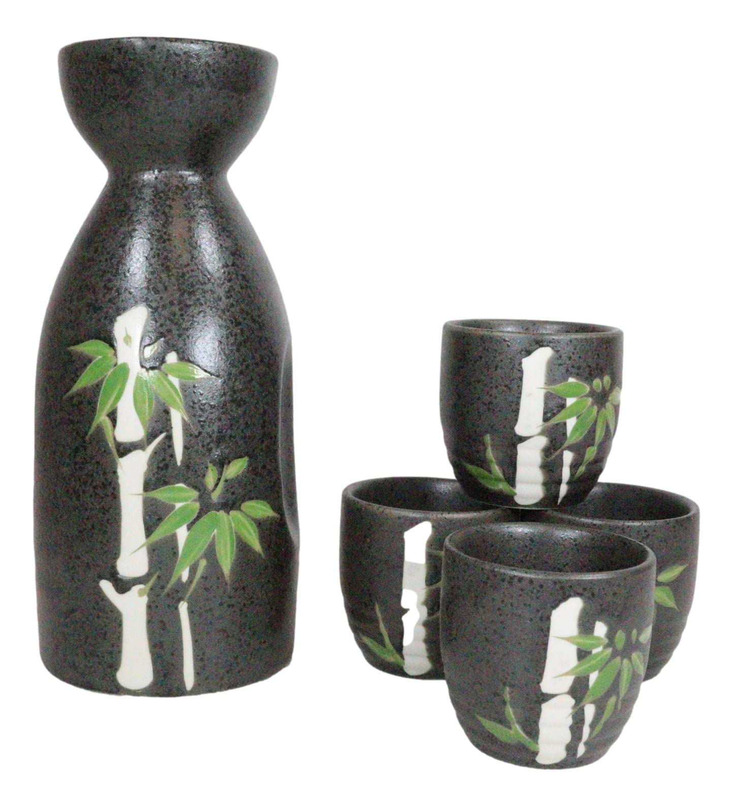 Ebros Gift Traditional Japanese Black Porcelain Sake Set - 1 Tokkuri Serving Flask (10oz) & 4 Ochoko Cups (2oz) with Lucky Bamboo Design - Perfect for Ceremonies, Gifts & Asian Dining Experiences