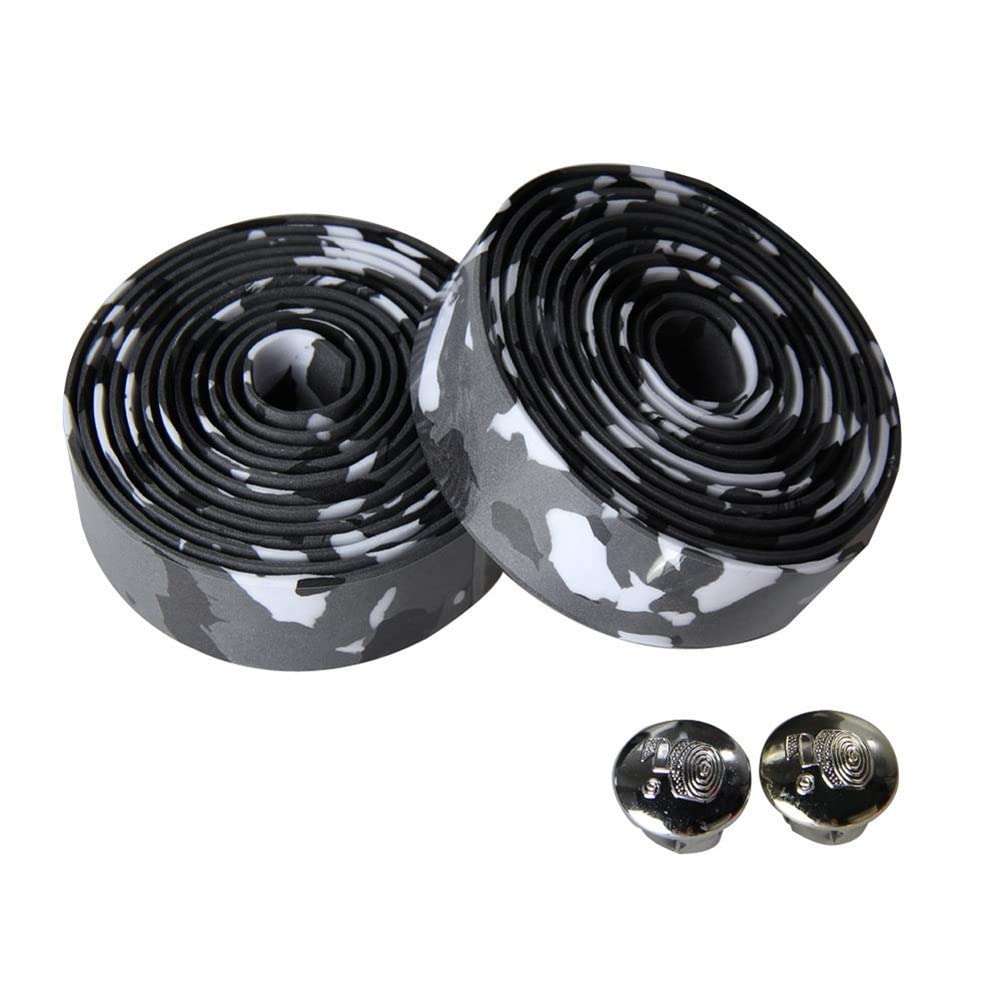 Premium EVA Bike Handlebar Tape - 2 Rolls for Road, Urban & MTB Bikes | Non-Slip Cycling Handle Wraps with 2 Bar End Plugs (Black+White) | Perfect for Commuting, Training & Long-Distance Rides