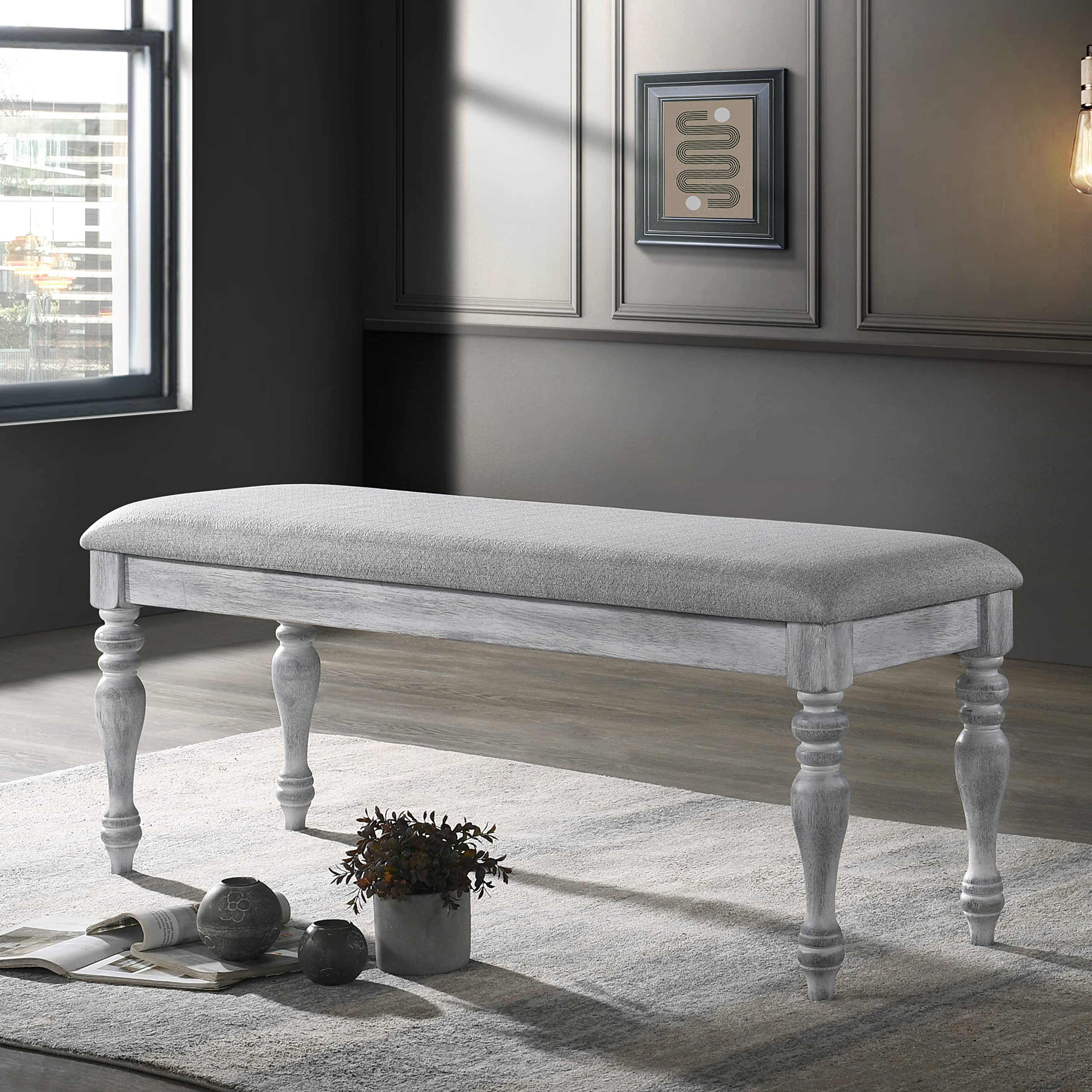 Roundhill Furniture Salines Upholstered Turned Leg Dining Bench - Rustic White Farmhouse Style - Perfect for Kitchen, Dining Room & Entryway Seating