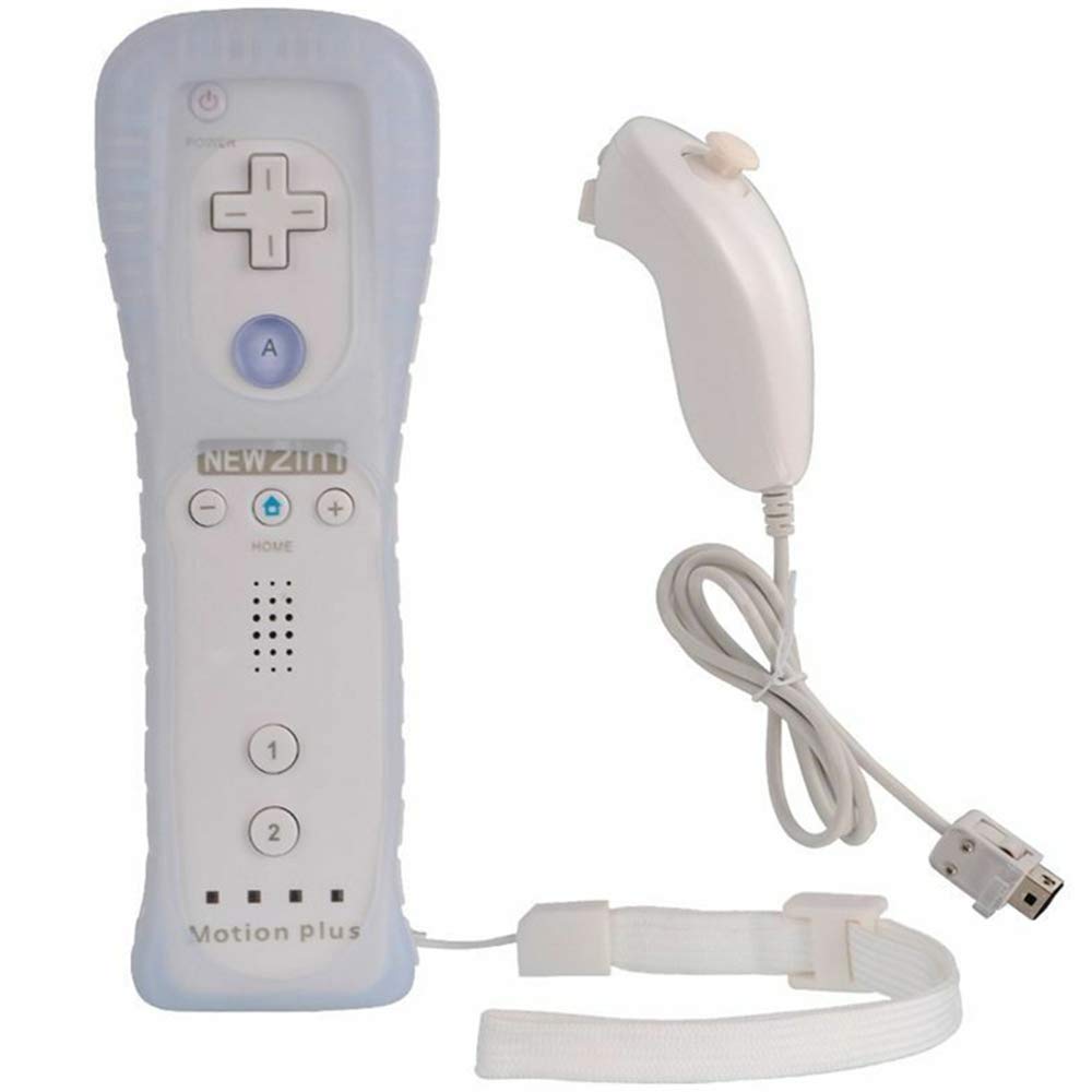 Wireless Motion Plus Remote & Nunchuk Controller Set for Nintendo Wii/Wii U - Built-in Gyro Sensor, Includes Silicone Case & Hand Strap (White) - Perfect for Wii Sports, Mario Kart & Family Gaming Parties