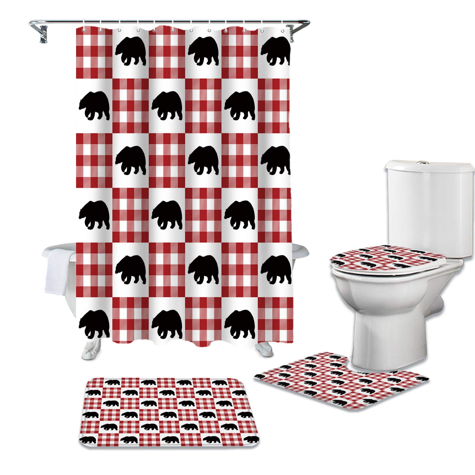 4PCS Non-Slip Christmas Arctic Bear Buffalo Plaid Bathroom Mat Set - Soft Shower Curtain Rugs, Toilet Seat Cover & Bath Mats for Cozy Holiday Bathroom Decor - Perfect for Winter Home Decor & Gift Giving