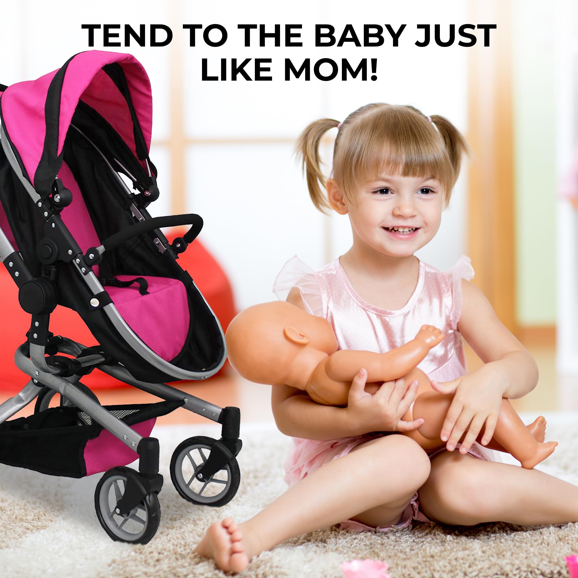 Deluxe 2-in-1 Mommy & Me Baby Doll Stroller with Diaper Bag - Foldable 32