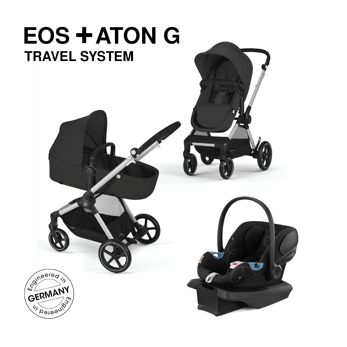 Cybex EOS Aton G 5-in-1 Travel System Stroller with Car Seat - Silver Frame | Lightweight Baby Stroller for Travel, Shopping & Outdoor Adventures