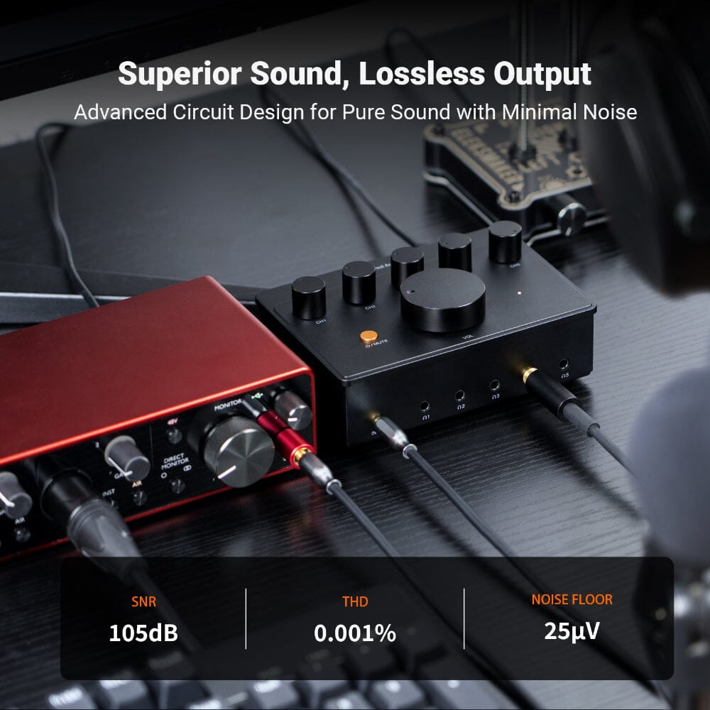 Fosi Audio PH05 5 Channel Desktop Headphone Splitter Amplifier - Multi-User Audio Sharing for Gaming, Music Studios & Home Theater Systems