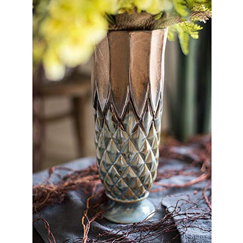 RusticReach Blue & Gold Grid Pattern Glazed Ceramic Vase Set - Elegant Home Decor for Living Room, Dining Table & Wedding Centerpieces