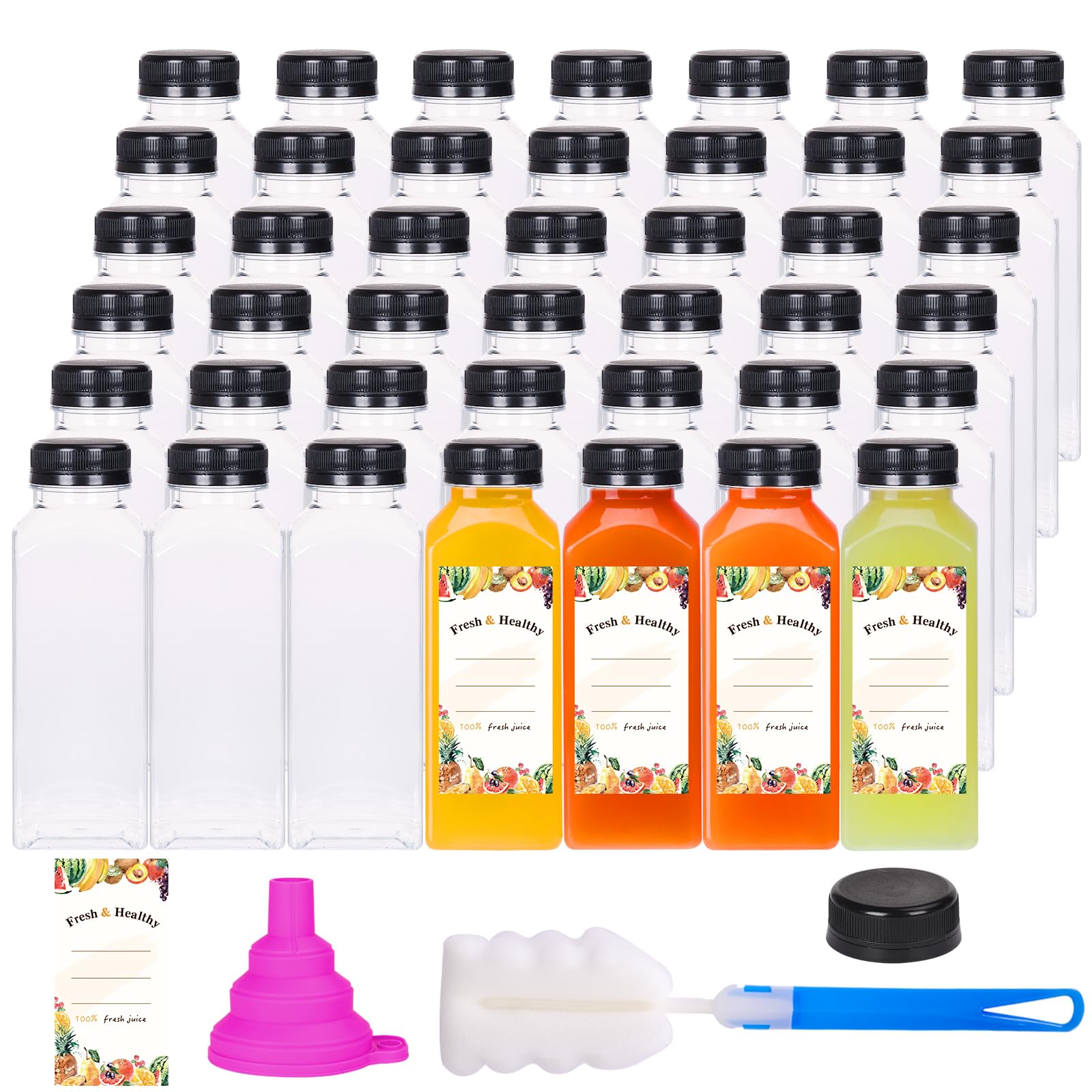 Moretoes 64-Pack 12oz Plastic Juice Bottles with Lids - Reusable Clear Drink Containers for Smoothies, Juices & Beverages | Perfect for Meal Prep, Party Favors & On-the-Go Hydration