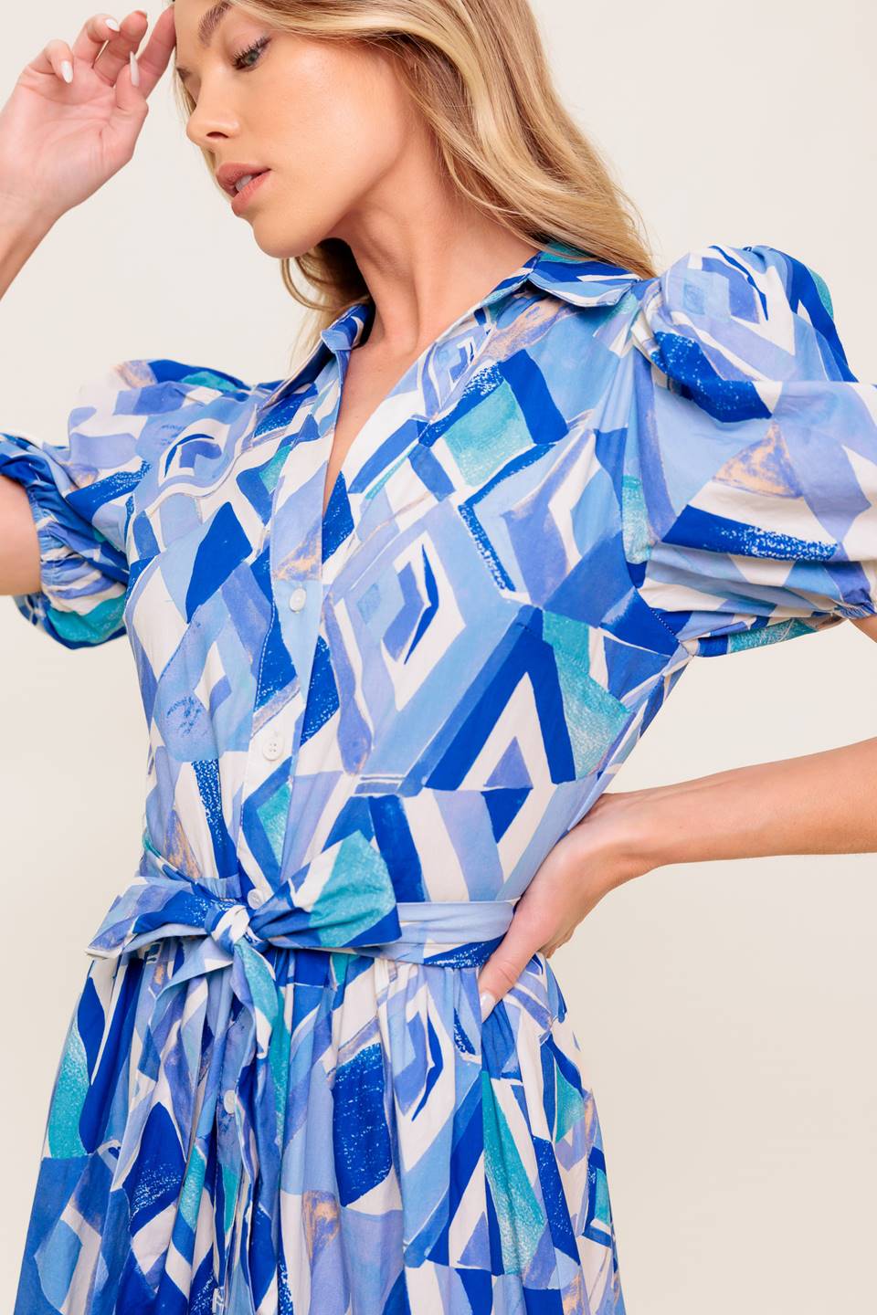 FAITH MIDI DRESS - Blue Geometric Print Cotton Dress for Women | Summer Casual & Party Wear | Perfect for Beach, Office and Date Night Outfits