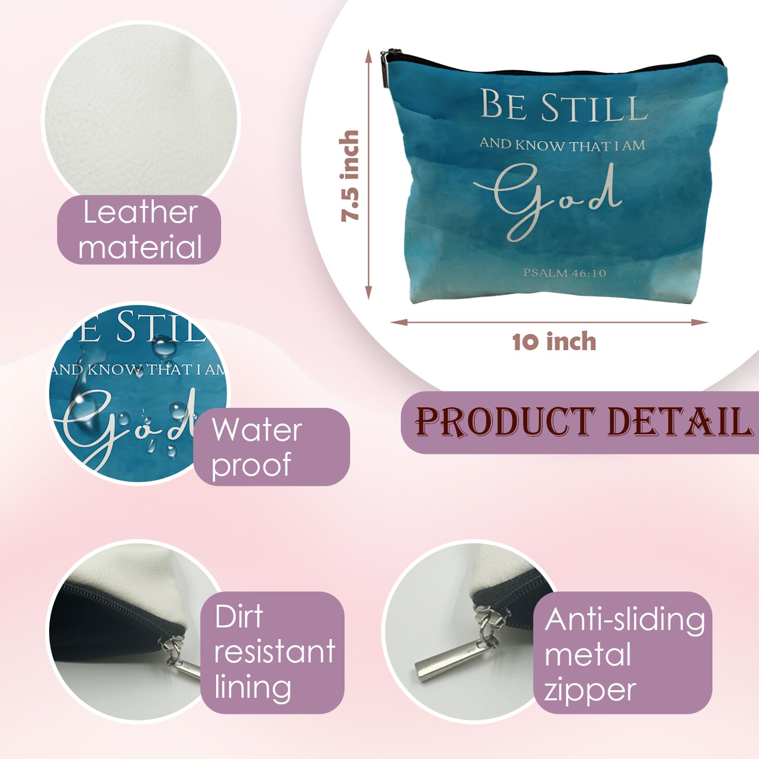 Christian Leather Makeup Bag with Bible Verse 'Be Still and Know That I Am God' - Scripture Gift for Women, Blue Pu Cosmetic Pouch - Perfect for Church, Travel & Daily Devotional Use