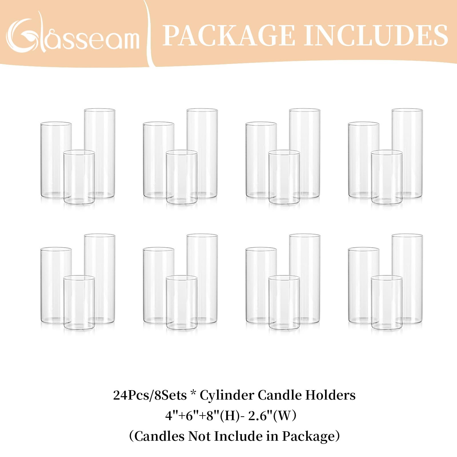 Glasseam Clear Hurricane Pillar Candle Holders Bulk 24-Pack - Glass Cylinder Candle Vases for Floating Candles, Wedding Centerpieces, Dining Table & Home Decor - Perfect for Romantic Dinners, Wedding Receptions and Holiday Decorations