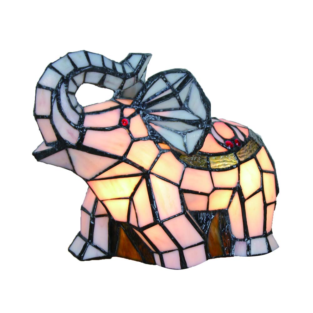 Vintage Tiffany Style Stained Glass Elephant Table Lamp - White Animal Night Light for Kids, Small Desk Lamp for Bedroom & Nursery Decor (Perfect for Reading Nook, Dorm Room, or Gift Idea)