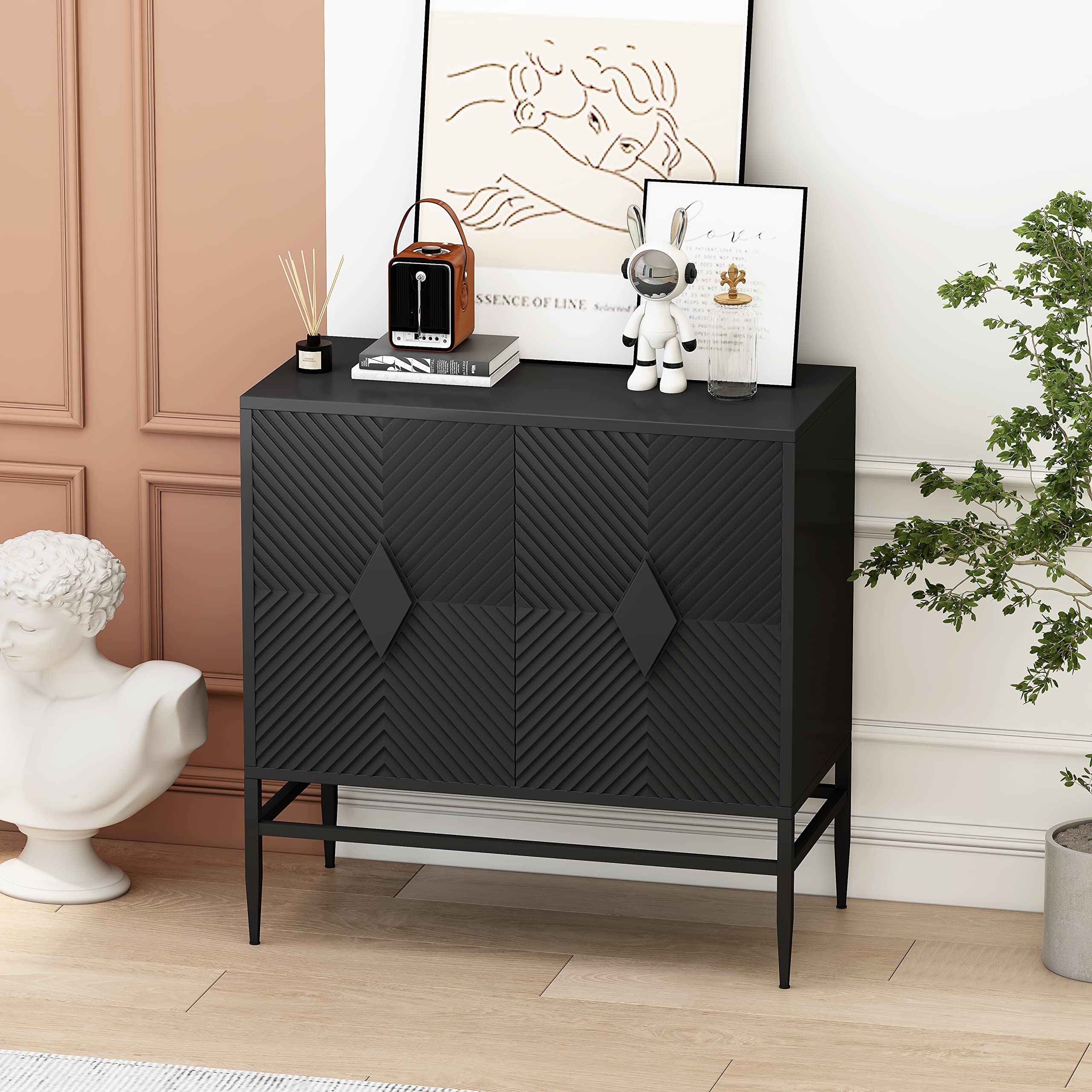 YAOACXIN Modern 2-Door Wooden Storage Cabinet with Two-Tier Shelves - Organizer for Office, Dining Room & Living Room (Black) | Perfect for Home Organization & Stylish Décor