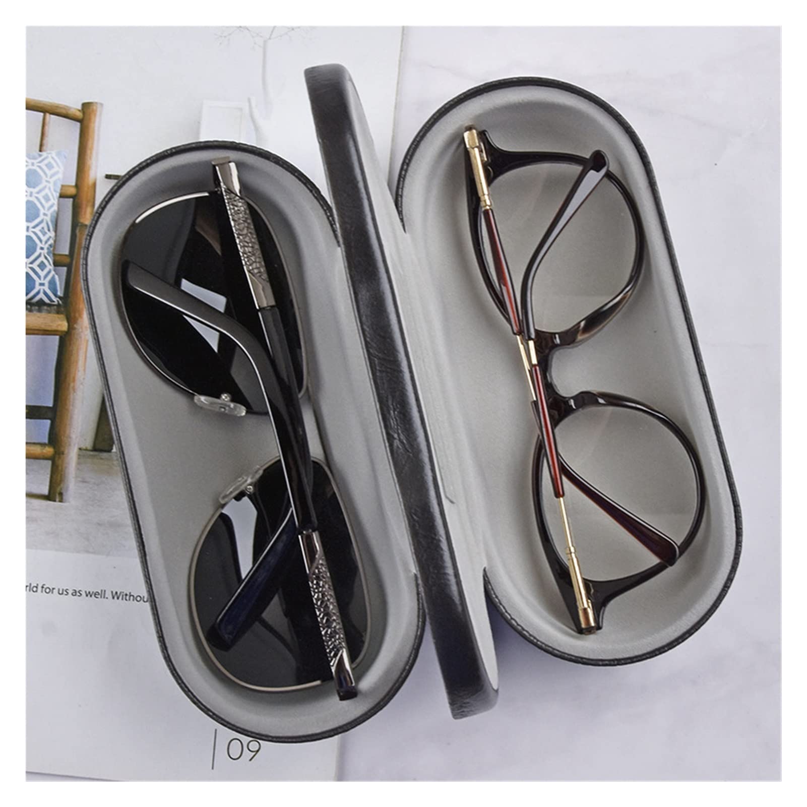 YXSLC Multi-Function Metal Eyewear Case - Double Interlayer Glasses Holder Box, Durable Leather Reading Glasses Storage Case (Black) | Perfect for Travel, Office & Home Organization