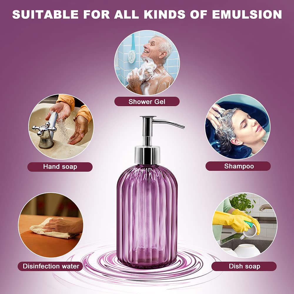 2 Pack Glass Soap Dispenser with Pump - 400ml Refillable Liquid Container for Dish Soap, Shampoo & Lotion | Elegant Purple Design for Kitchen, Bathroom & Laundry Room Organization
