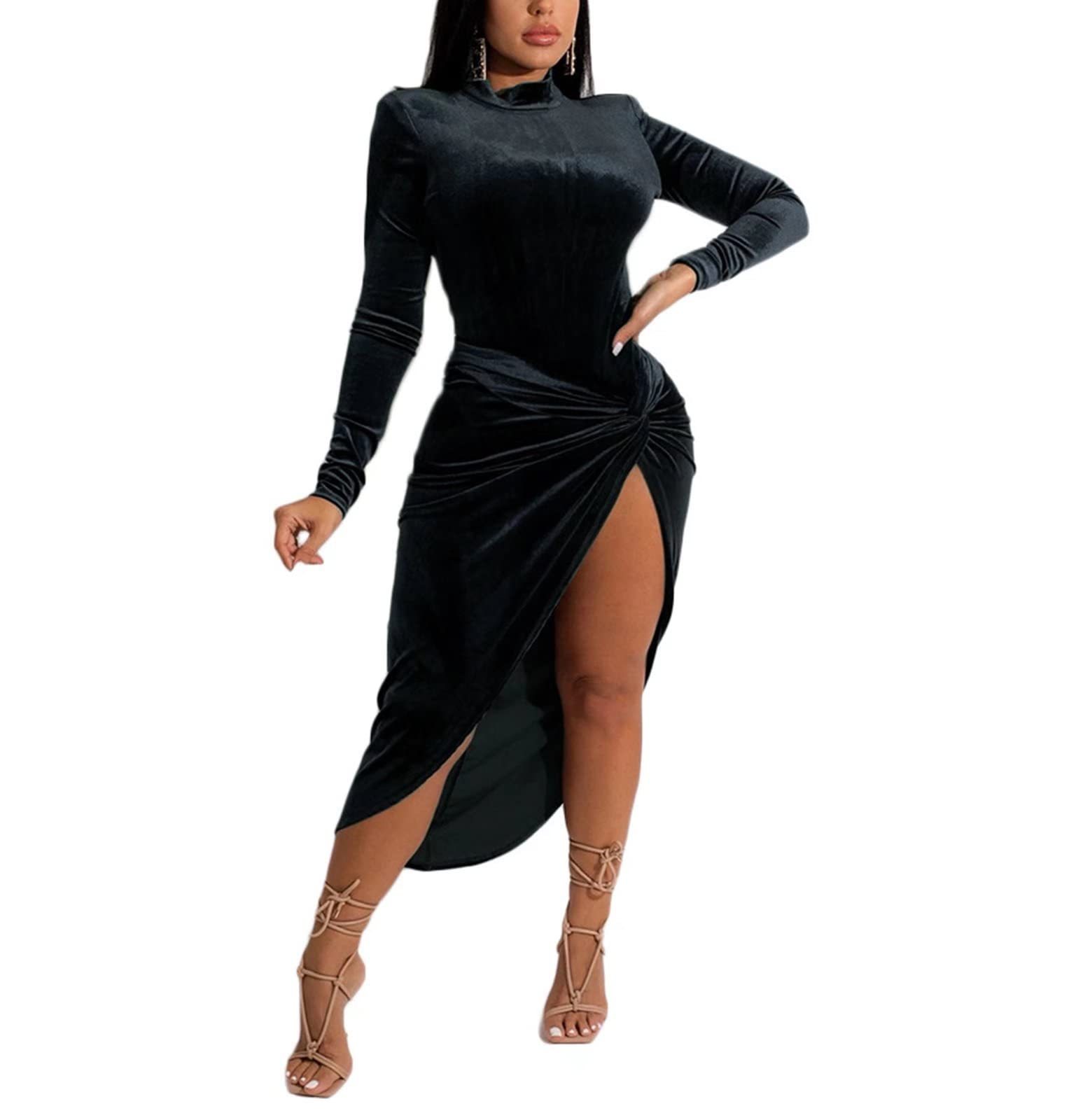 Sexy Velvet Two Piece Dress for Women - Long Sleeve Leotard Top with Bodycon High Slit Skirt Set | Wedding Guest Outfit, Holiday Party Dress, Date Night Attire