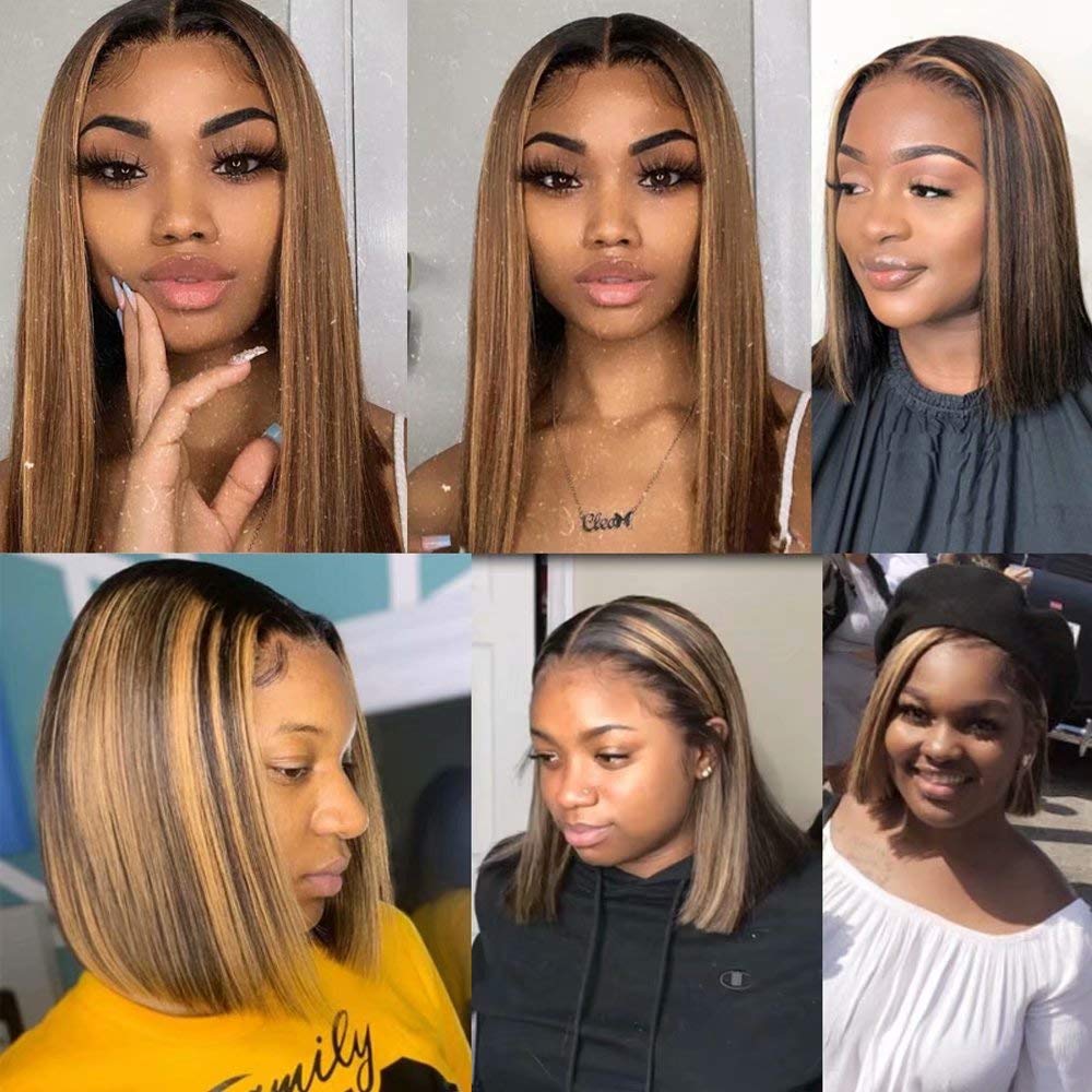 13x4 Lace Front Human Hair Wig - Ombre Brown Honey Blonde Short Bob | Brazilian Remy Virgin Hair 150 Density 8 Inch | Pre Plucked Natural Hairline with Baby Hair | Perfect for Daily Wear, Cosplay & Special Occasions