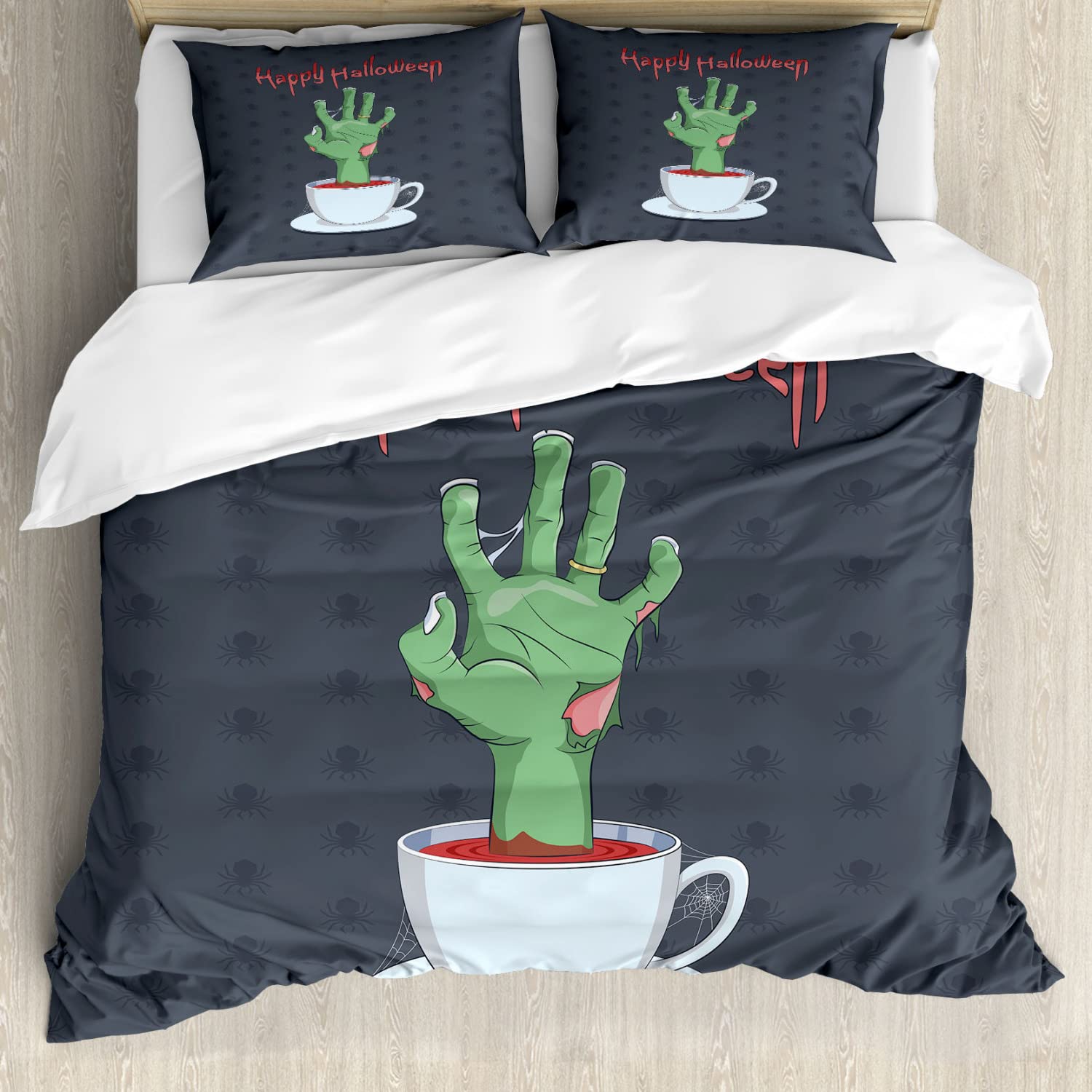 Ambesonne Halloween Duvet Cover Set - Zombie Hand in Bloody Tea Cup with Spiders & 'Happy Halloween' Text, 2-Piece Twin Size Bedding Set (2 Duvet Covers + 2 Pillowcases) in Grey Pale Rust Green | Spooky Bedroom Decor for Halloween Party & Themed Rooms