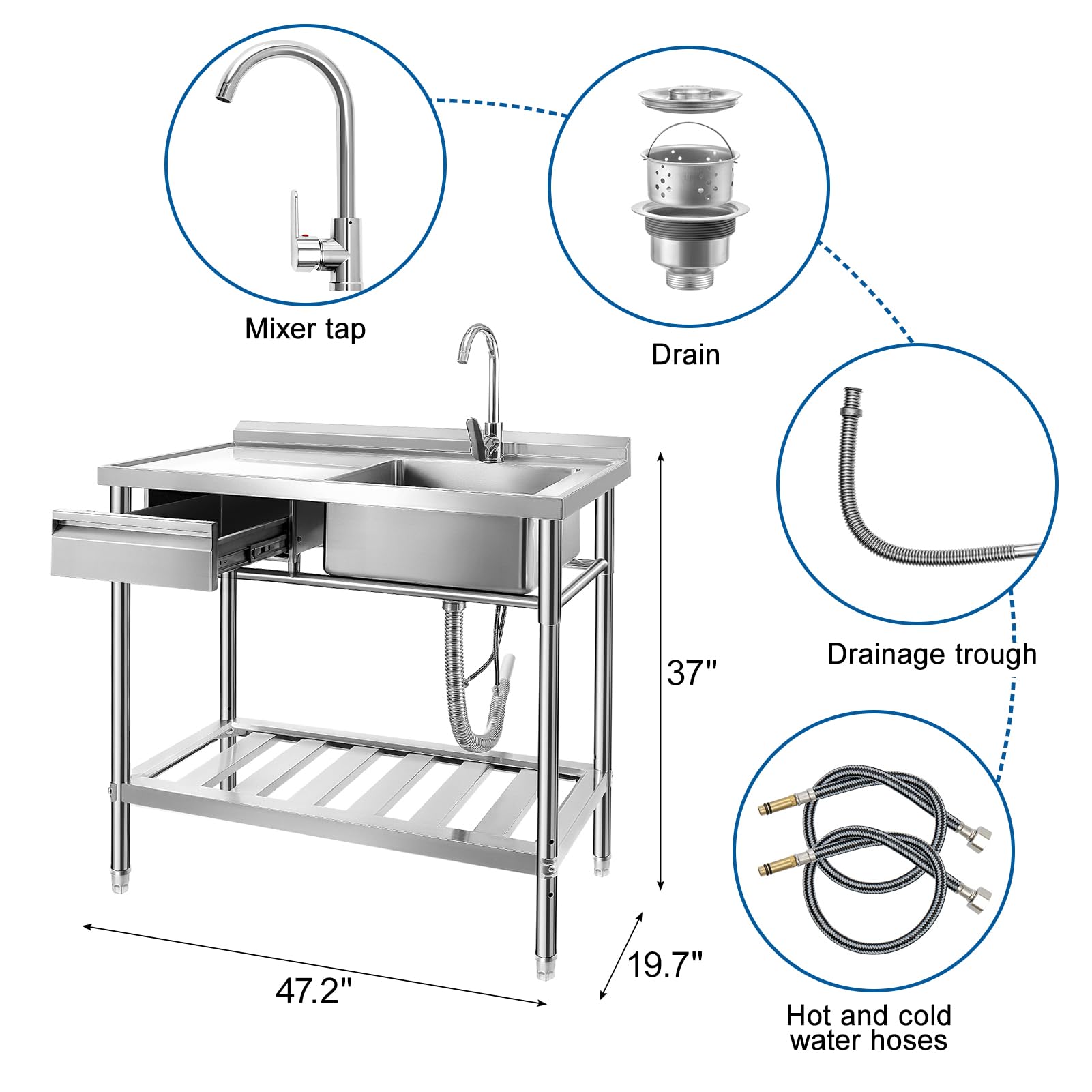 YORKING 47-inch Stainless Steel Utility Sink - Commercial Grade Single Bowl Kitchen Sink with Storage Drawer | Hot & Cold Water Pipes | Indoor & Outdoor Use for Restaurants, Food Trucks, Garages & Home Kitchens