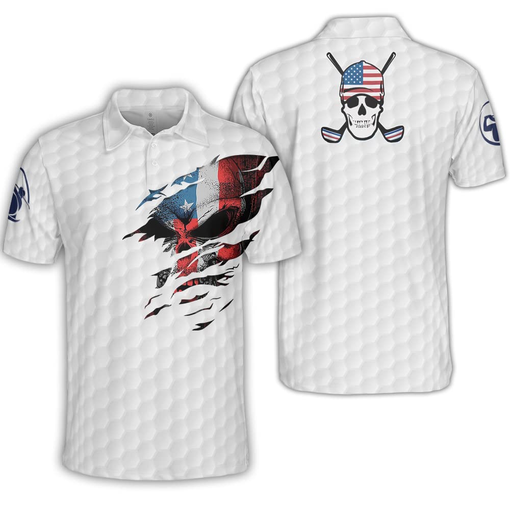 Polomore Smart Men's Golf Shirt - Short Sleeve Performance Polo with Patriotic Skull & American Flag Design - Moisture Wicking Golf Apparel for Men - Perfect for Golf Courses, Country Clubs & Casual Summer Wear