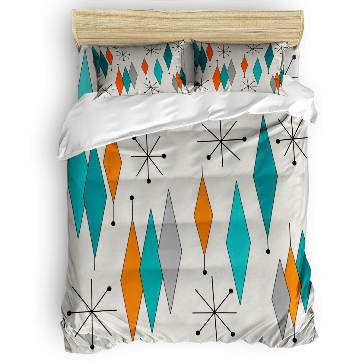 Yogaly 4-Piece King Size Bedding Set - Diamond Pattern Printed Bed Sheets, Duvet Cover, Flat Sheet & Pillowcases for Adults, Teens, Kids & Baby | Mid-Century Modern Design | Perfect for Master Bedroom, Guest Room & Nursery Decor