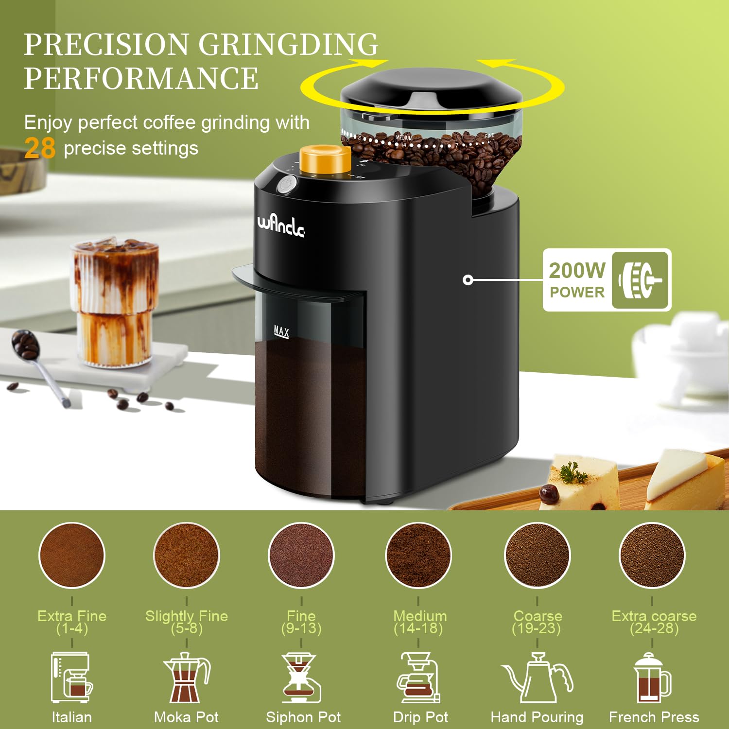 Wancle Electric Burr Coffee Grinder - Adjustable 28 Precise Grind Settings for 12 Cups - Professional Coffee Bean Grinder for Espresso, Drip & French Press - Perfect for Home, Office & Coffee Shops (Plastic, Yellow)