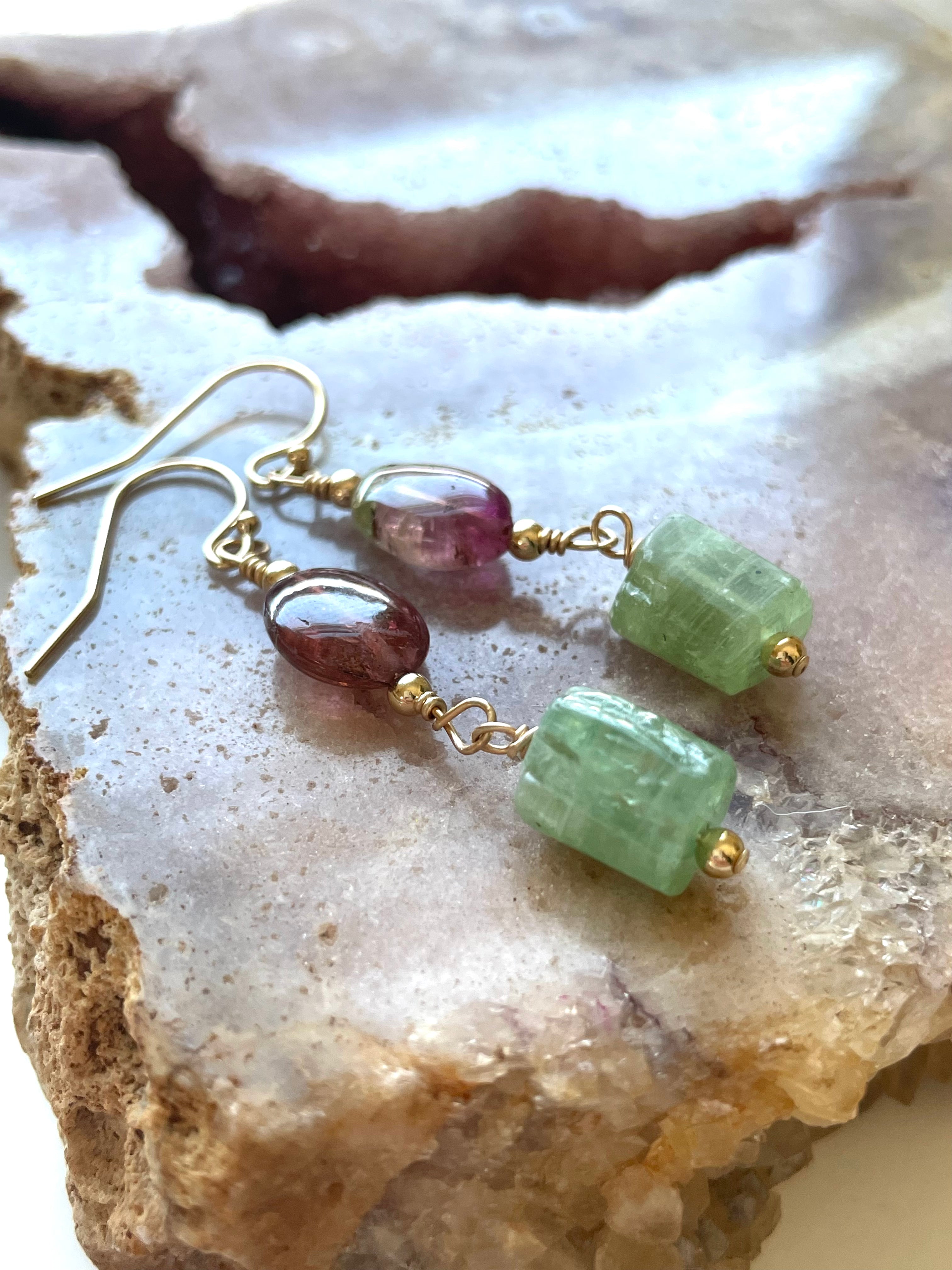 Pink Tourmaline & Green Kyanite Gold Filled Earrings | Healing Crystal Jewelry for Women | Perfect for Meditation, Yoga & Spiritual Gifts