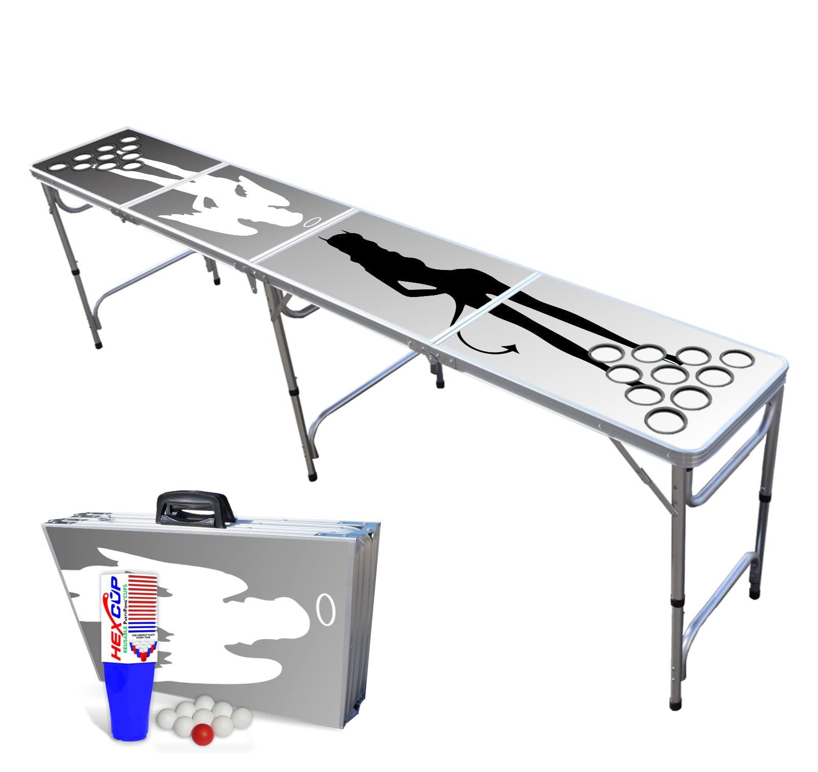 8-Foot Slim Folding Beer Pong Table Set with HEXCUPS, Balls & Cup Holes - Good n Bad Edition for Parties, Tailgating & Outdoor Games