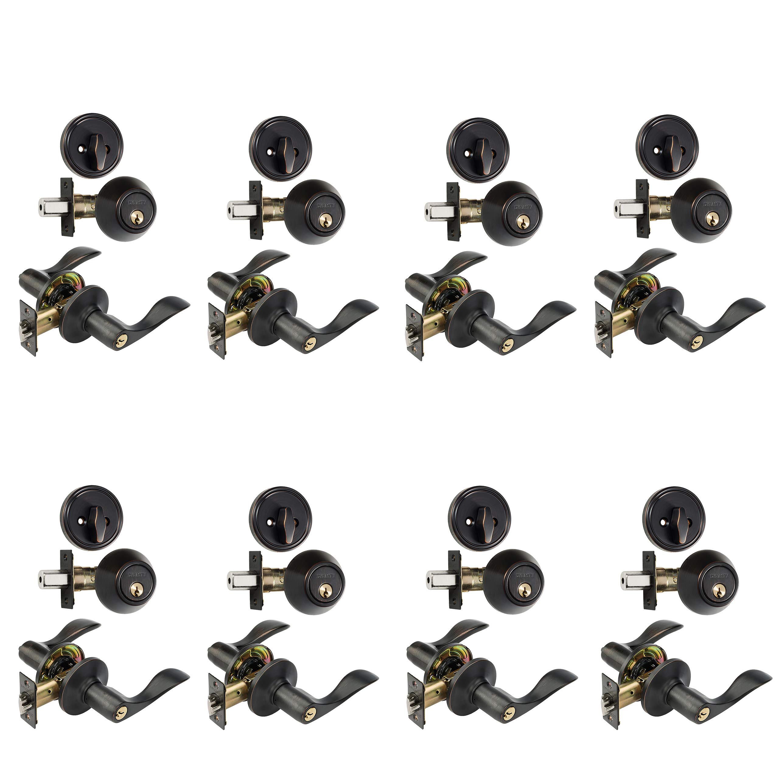 Dynasty Hardware CP-HER-12P Heritage Front Door Entry Lever Lockset with Single Cylinder Deadbolt Combo Set - 8 Pack Keyed Alike in Aged Oil Rubbed Bronze | Secure Home & Office Entry Doors