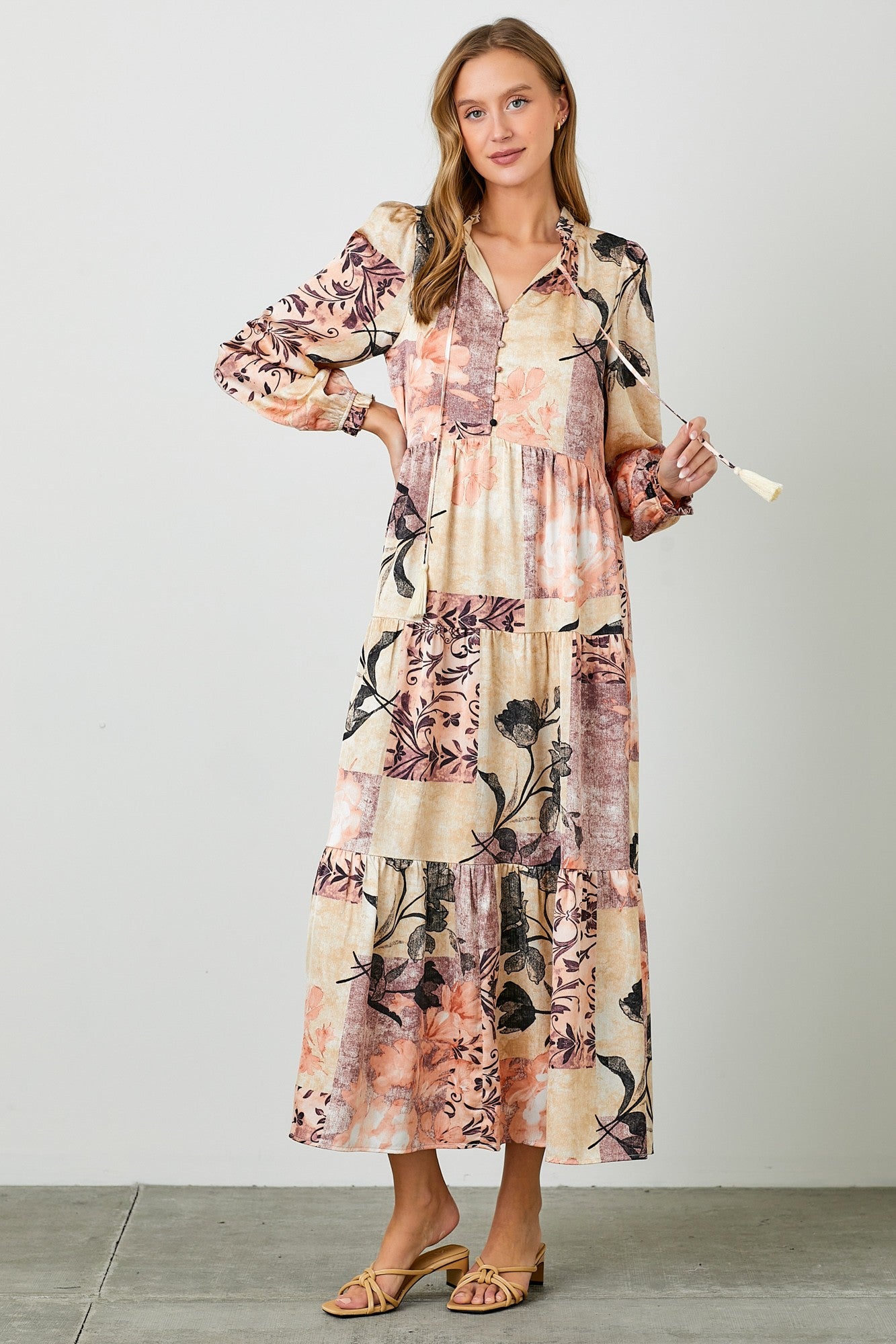 Beige Patchwork Satin Tiered Button Front Maternity Midi Dress for Pregnancy, Nursing & Special Occasions | Comfortable & Stylish Maternity Wear for Baby Showers, Weddings & Everyday Use
