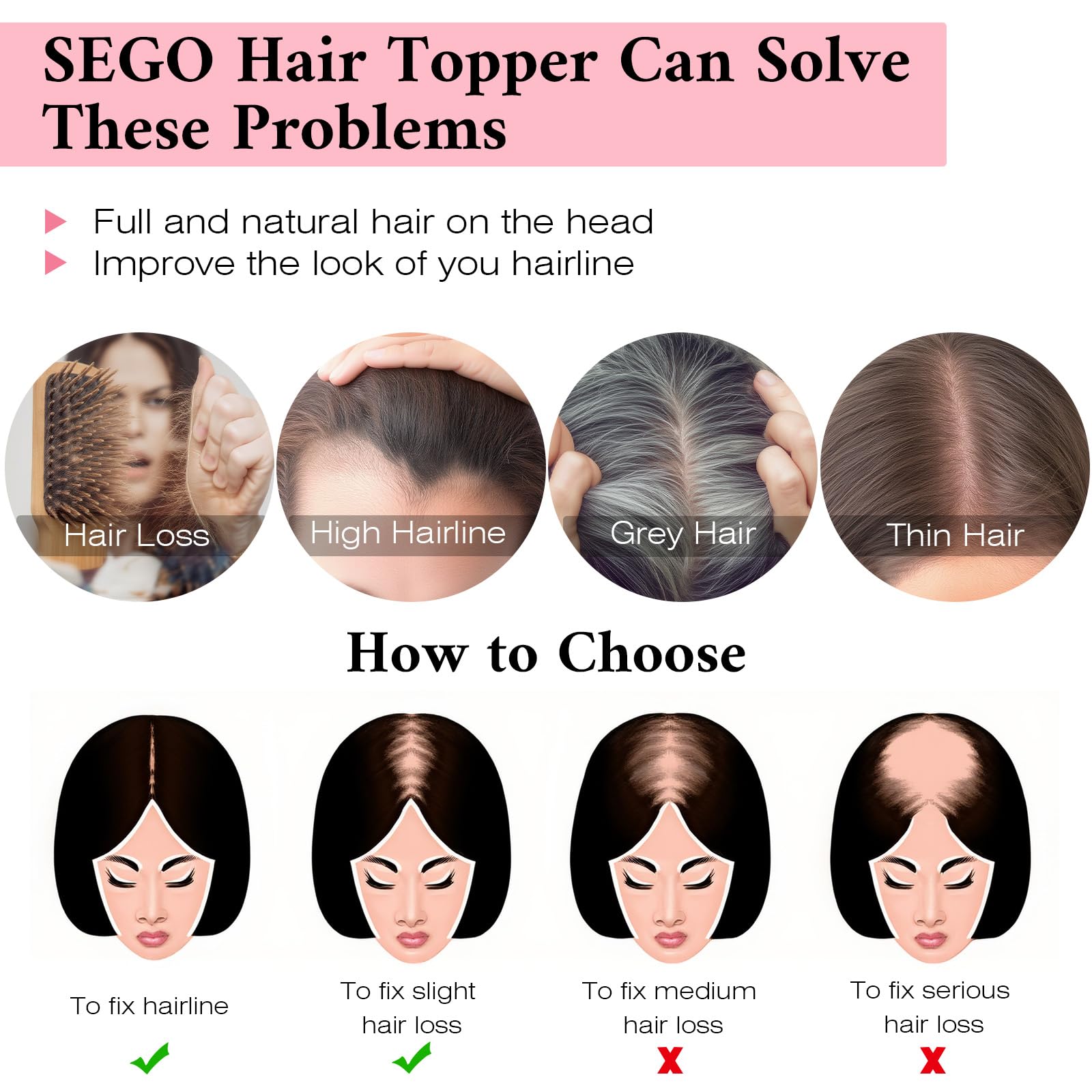 SEGO 100% Real Human Hair Toppers with Bangs - Silk Base 150% Density Clip-in Hair Topper (2.7”x5.1”) for Women with Thinning Hair & Hair Loss - Covers Gray Hair - Perfect for Daily Wear, Special Occasions & Hair Volume Enhancement