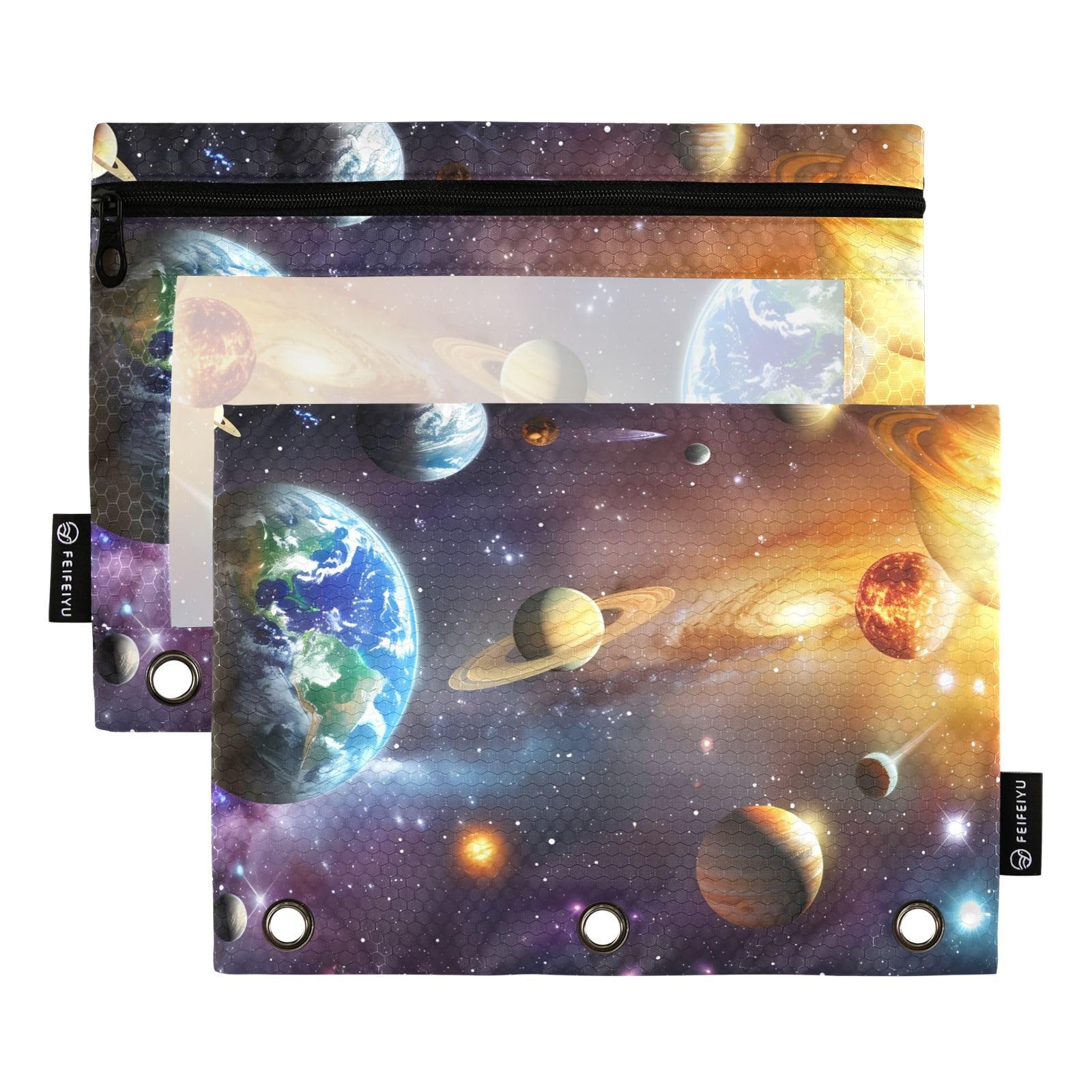 Space Solar System Planet Universe Pencil Pouch for 3-Ring Binders - Large Zippered Pencil Case with Clear Window (2-Pack) - Perfect for School, Office & Stationery Organization