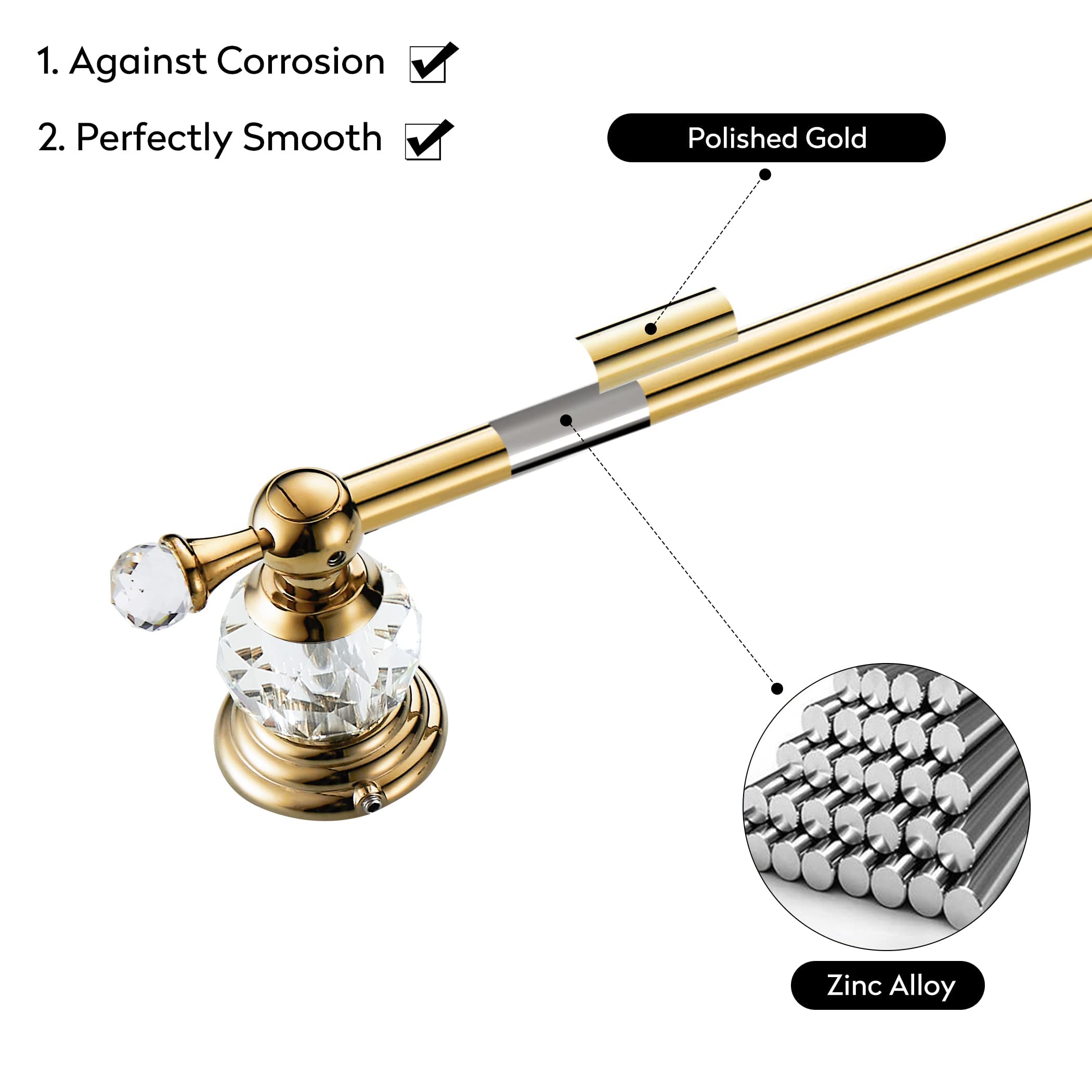 WINCASE Gold Towel Bar - Adjustable Crystal Bathroom Towel Holder with Golden Finish - Wall Mounted Single Towel Rack for Bathroom, Kitchen & Spa Decor