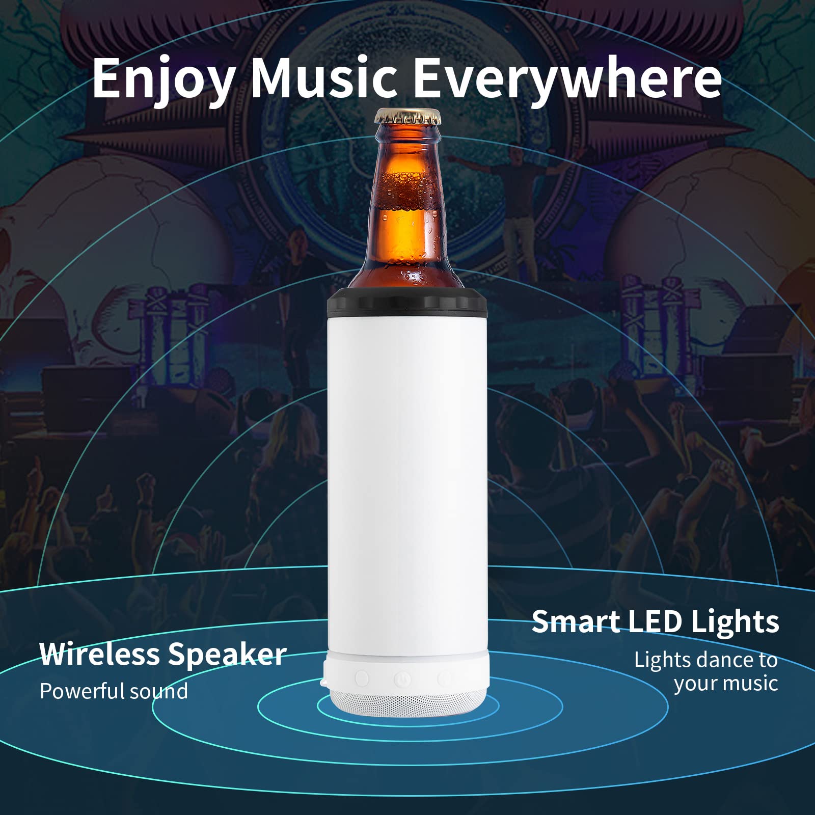 INSTOME 4-in-1 Sublimation Can Cooler with Bluetooth Speaker - 16oz Insulated Music Can Cooler with Detachable LED Light - Perfect for Summer Beach Parties, Poolside Drinks & Outdoor BBQs (White)