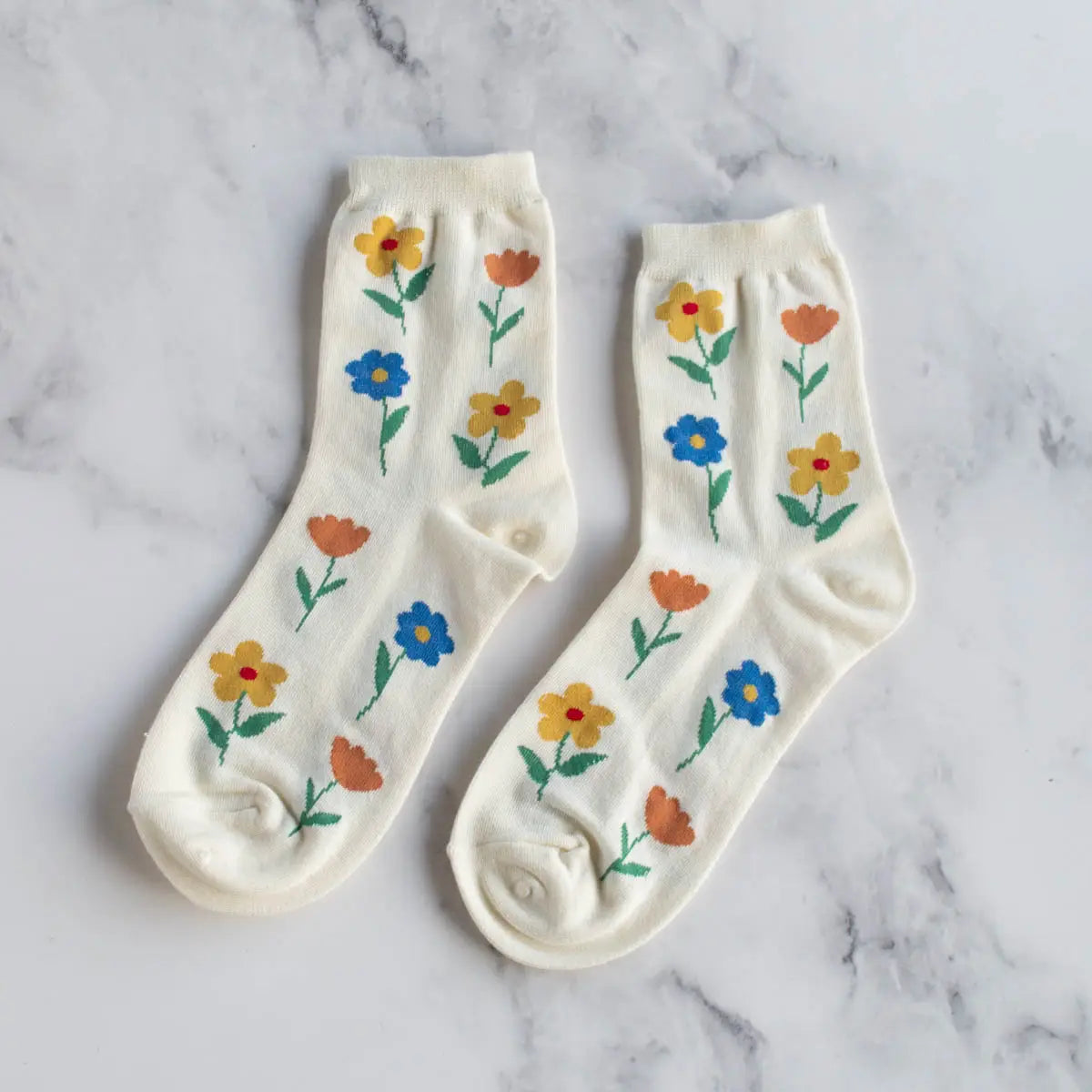 Flower Power Socks for Women - Colorful Botanical Print Crew Socks - Comfortable Cotton Blend Casual Socks for Everyday Wear, Gifts, and Fashion Outfits