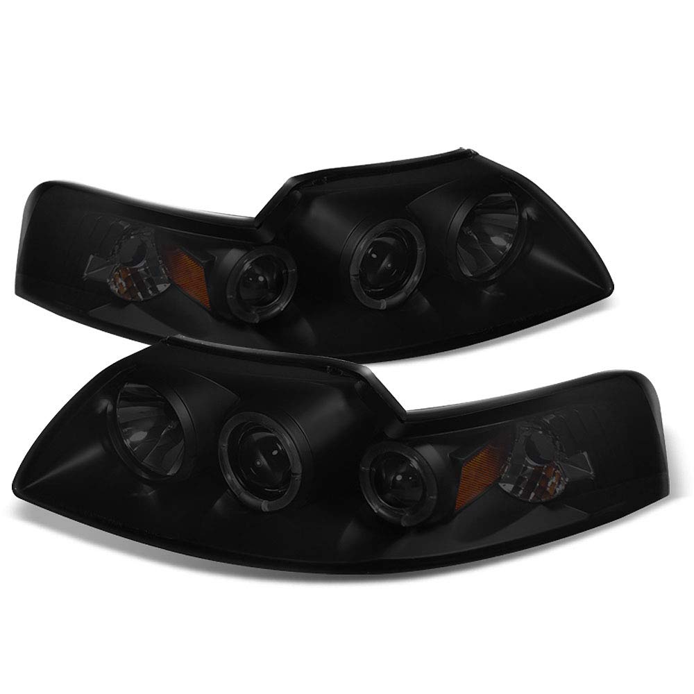 ACANII LED Halo Ring Black Smoked Projector Headlights for 1999-2004 Ford Mustang - Driver & Passenger Side Headlamps - Upgrade Your Ride for Night Driving & Enhanced Style
