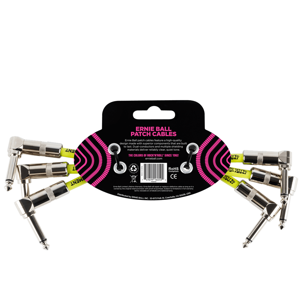 Ernie Ball 6 Angle Patch Cable 3 Pack - Black | High-Quality Instrument Cables for Guitar, Bass & Pedalboard | Perfect for Live Performances & Studio Recording