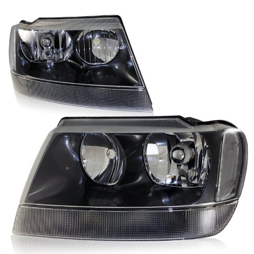 Black Housing Headlights with Clear Reflector for 1999-2004 Jeep Grand Cherokee - Upgrade Your Ride with Enhanced Visibility & Style for Night Driving & Off-Road Adventures
