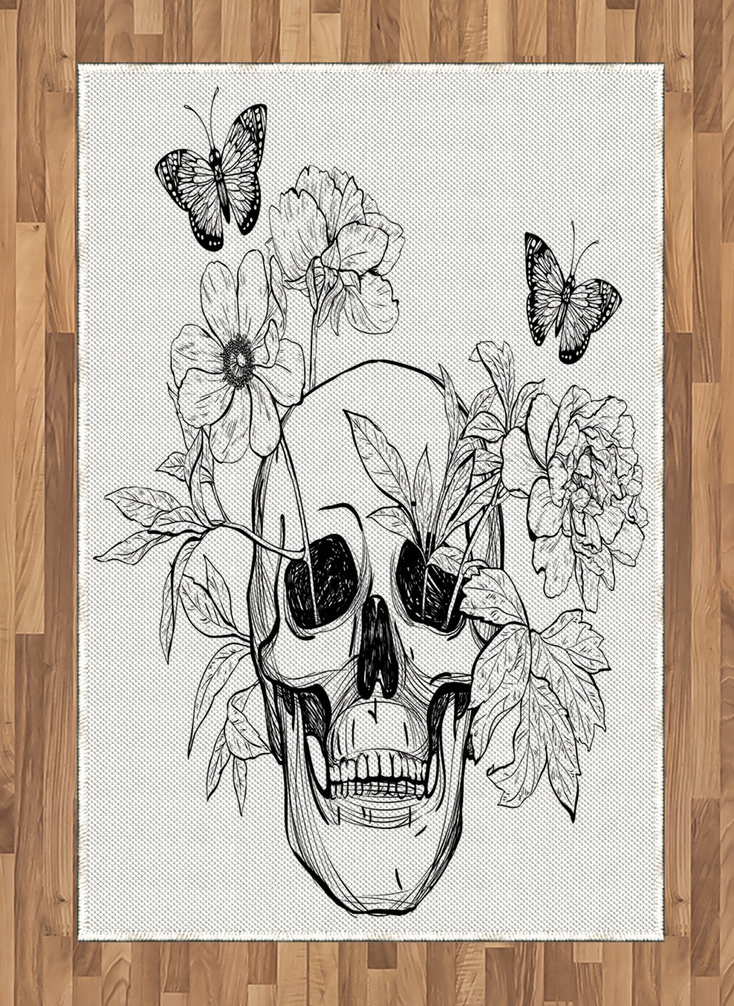 Ambesonne Day of The Dead Skull Floral Butterfly Vintage Gothic Area Rug - 4' x 5'7