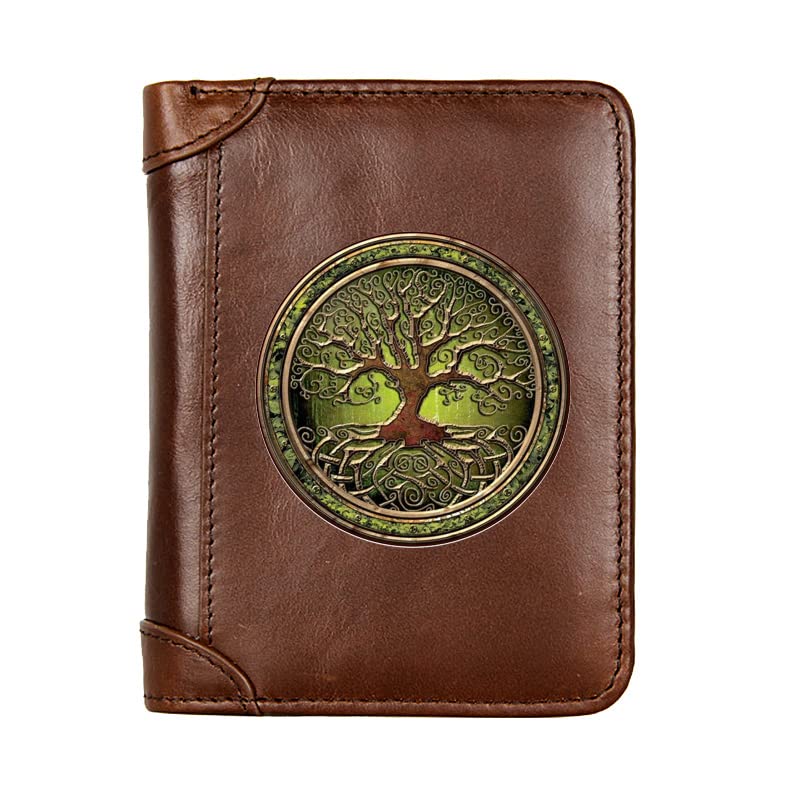 Genuine Leather RFID Blocking Trifold Wallet for Men - Viking Tree of Life Design, Coin Pocket, Brown - Perfect for Everyday Carry, Travel & Gift Giving