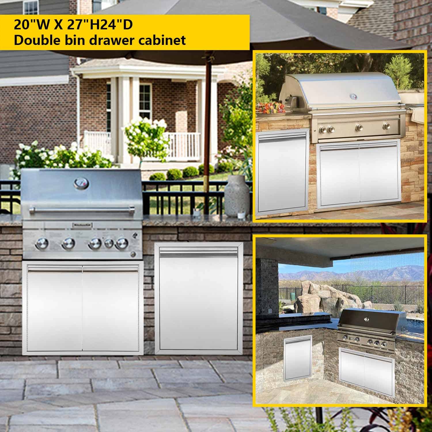 Stainless Steel Pull-Out Double Trash Drawer for Outdoor Kitchen - Holds Two 10 Gallon Commercial Waste Bins | Perfect for BBQ Areas, Patio Storage & RV Organization