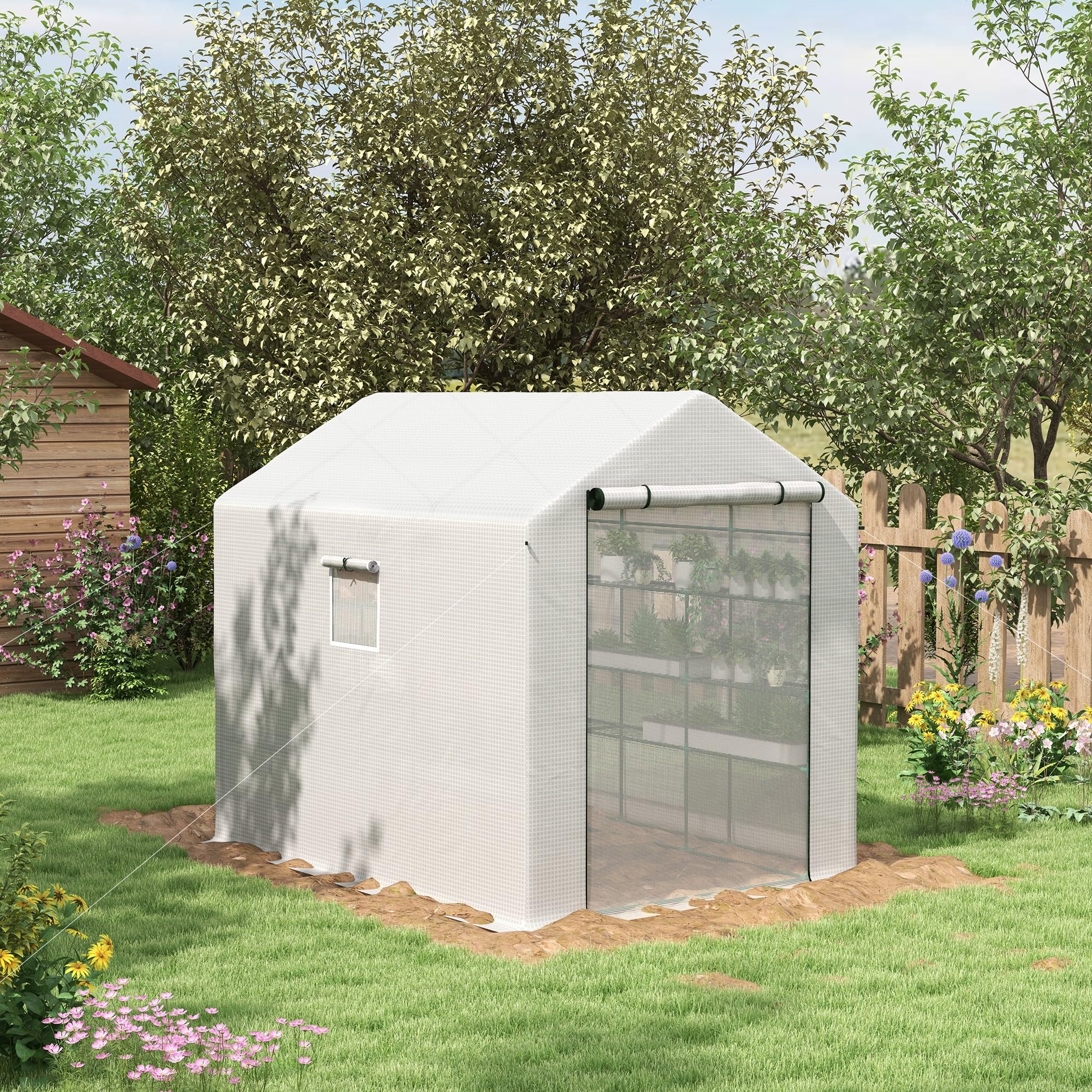 Outsunny 8' x 6' x 7' Walk-in Greenhouse with Mesh Door & Windows - 18 Shelf Plant House with Trellis & Plant Labels - UV Protected for Growing Flowers, Herbs, Vegetables & Saplings - Perfect for Backyard Gardening, Urban Farming & Year-Round Plant Protection (White)