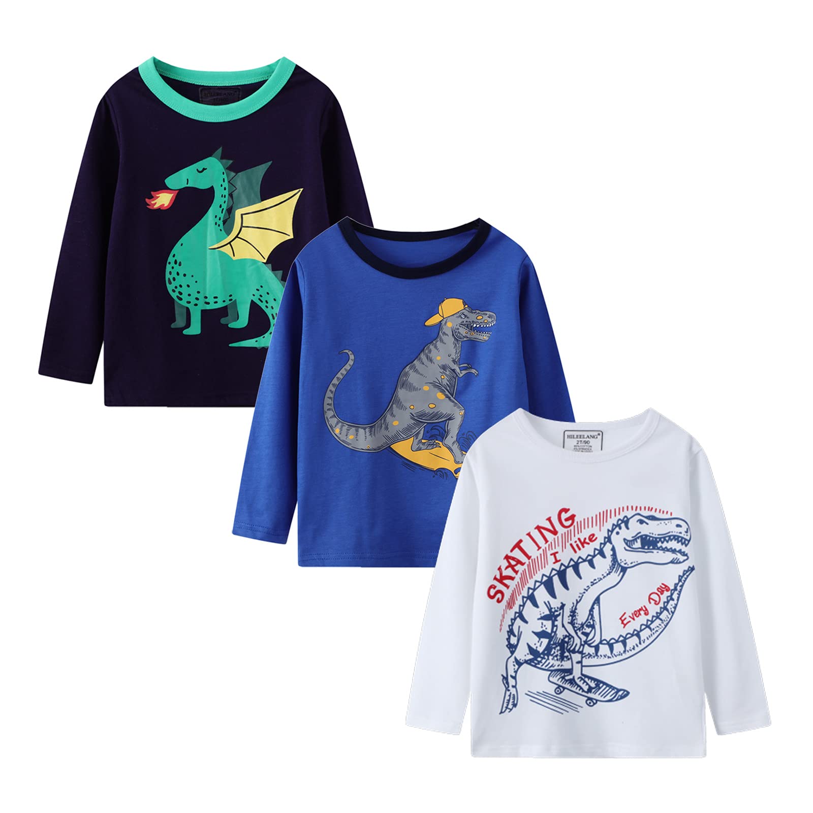 HILEELANG Boys Long Sleeve Graphic Cotton T-Shirts 3 Pack - Soft Crewneck Casual Tees for School, Play & Everyday Wear