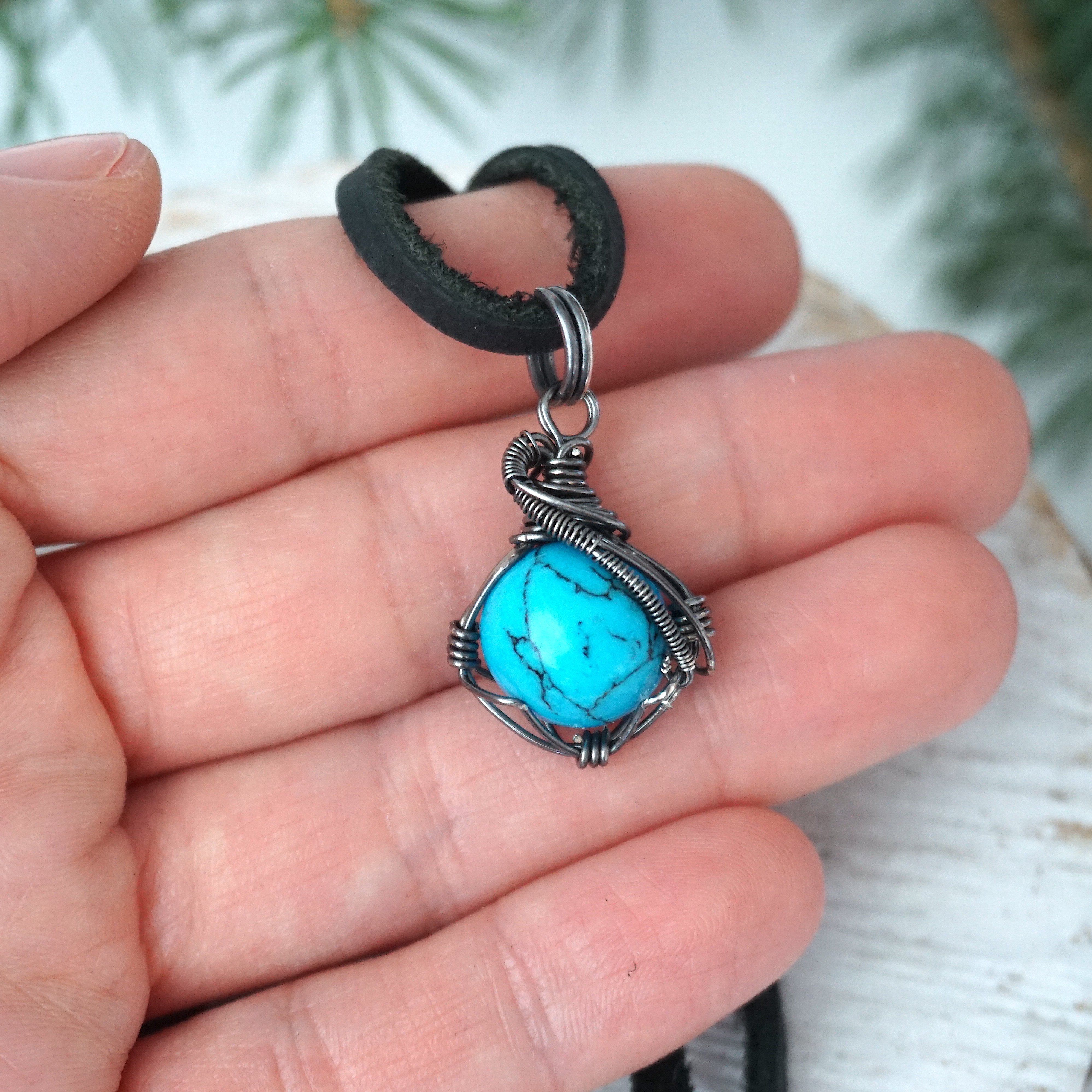 Turquoise Charm Necklace - Antiqued Sterling Silver Pendant with Black Leather Cord - Perfect for Boho Jewelry, Casual Wear & Gift Giving