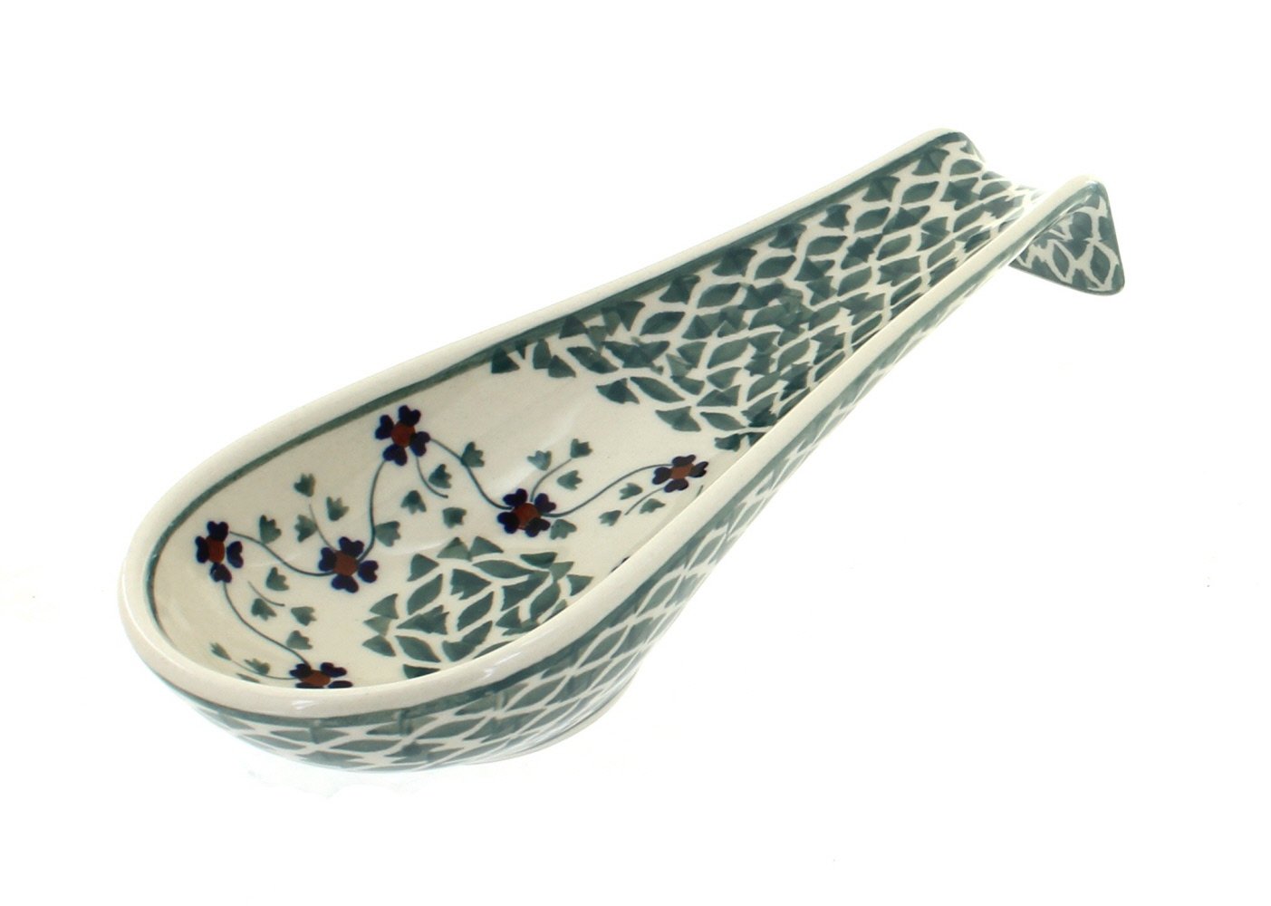 Handmade Blue Rose Polish Pottery Spoon Rest - Sage Floral Design - Perfect for Kitchen, Dining, and Gift Giving