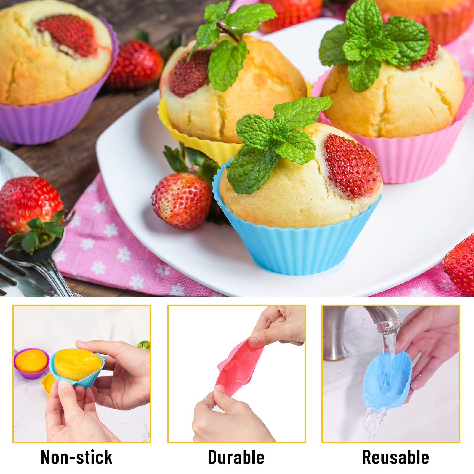 Reusable Silicone Cupcake Liners - Nonstick Baking Cups for Muffins & Pastries (24-Piece Set, 4 Shapes: Round, Stars, Heart, Flowers) - Easy Clean & Colorful - Perfect for Birthday Parties, Baby Showers & Holiday Baking